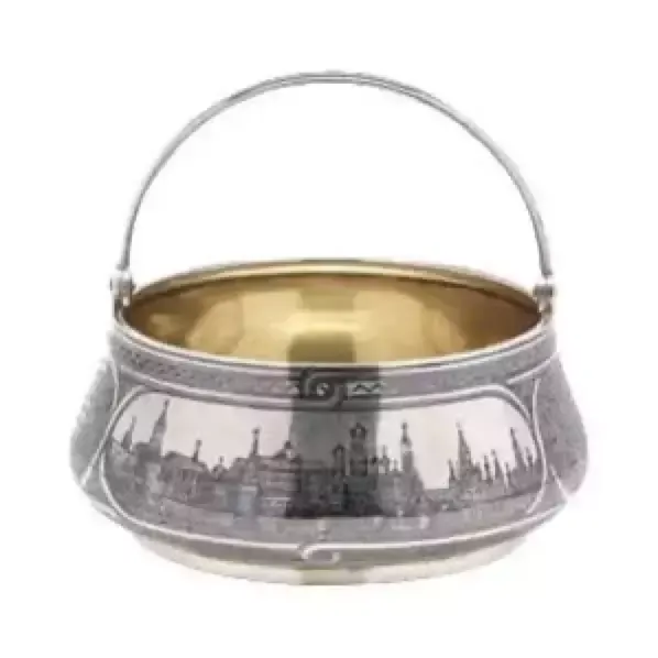 Russian Silver Sugar Bowl Of The 19th Century With Niello. Sazikov. 1891 photo vinterior