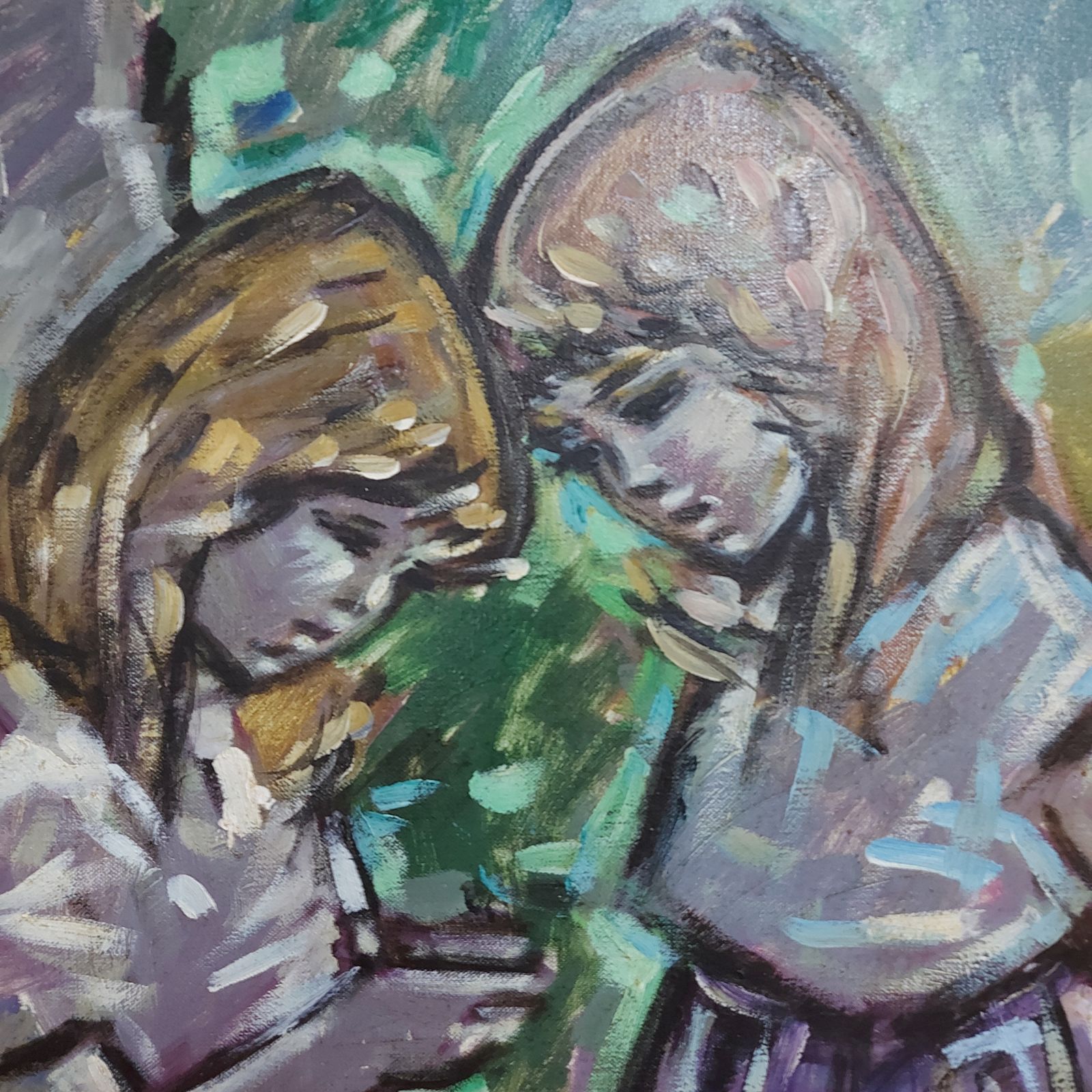 Two Girls In A Field By Bent Lauridsen Danish Artist   Framed Oil On Canvas photo for sale