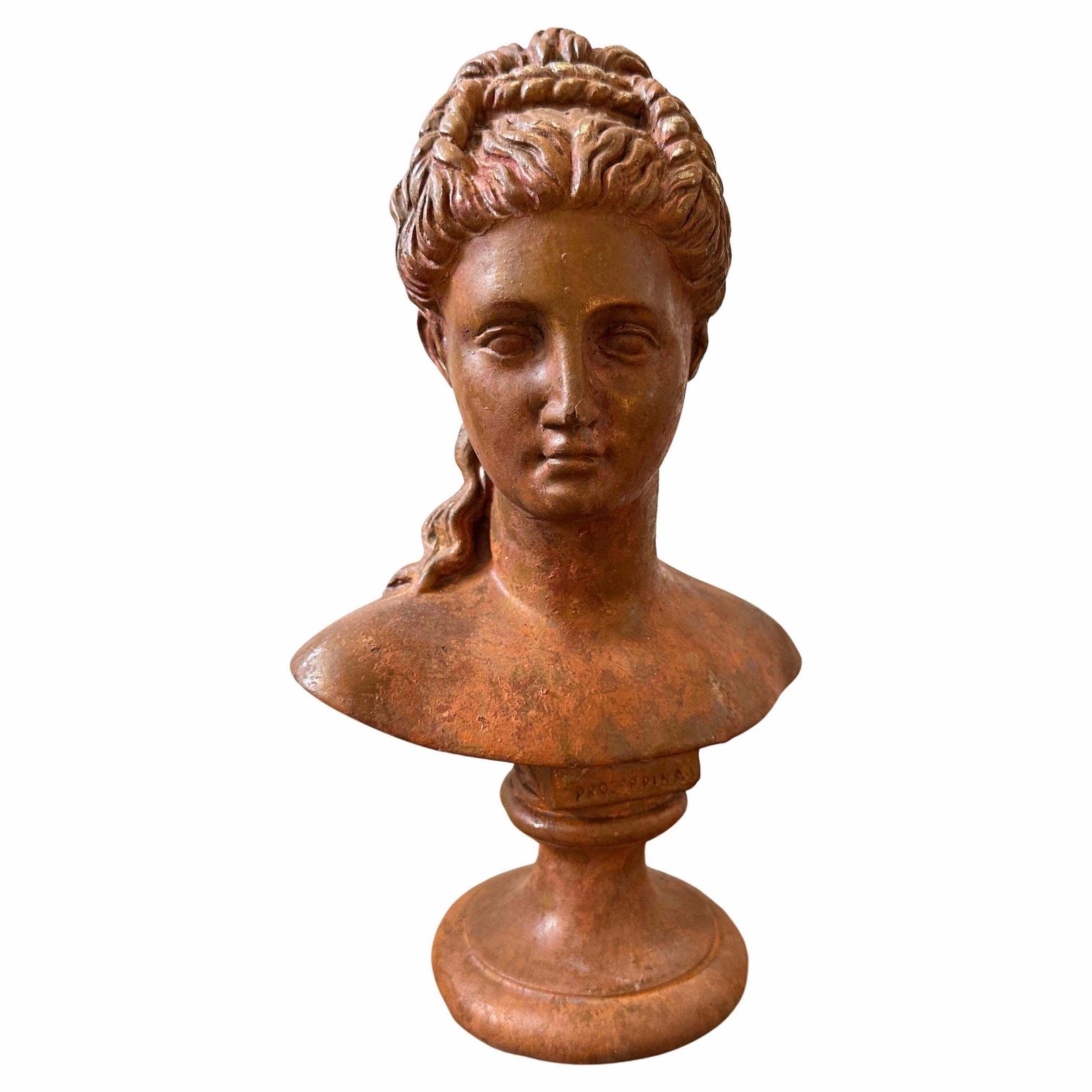 1900s Neoclassical Red Brick Patina Metal Italian Bust Of A Woman