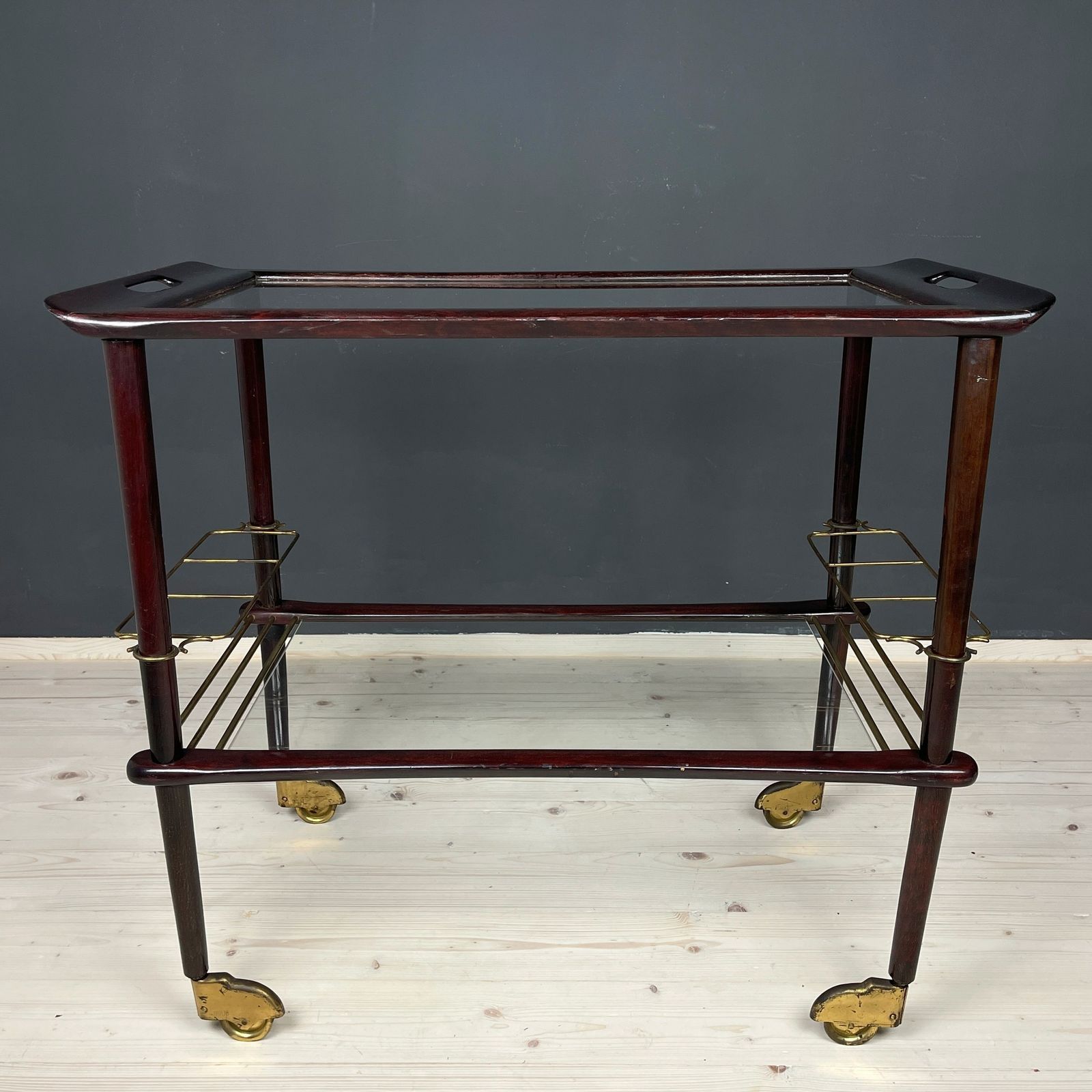 990.0 Mid Century Wood And Glass Bar Cart Trolley By Ico Parisi For De Baggis Italy 1960s photo