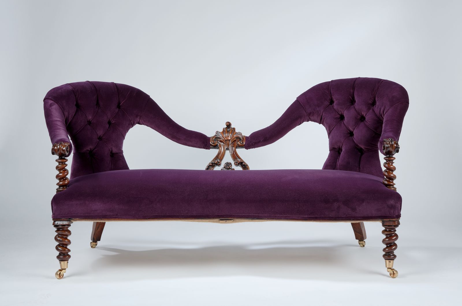 Gorgeous Victorian Barley Twist Rosewood Sofa, Fully Restored And Reupholstered In Rich Purple Velvet, England Circa 1900's. photo furniture