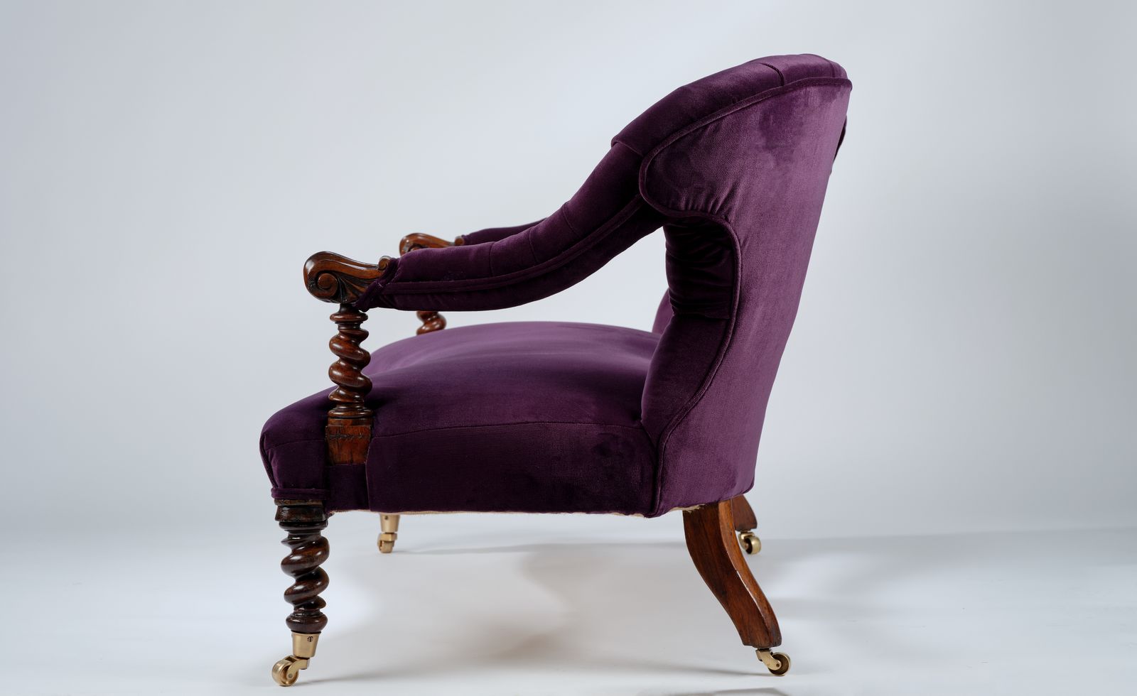 Gorgeous Victorian Barley Twist Rosewood Sofa, Fully Restored And Reupholstered In Rich Purple Velvet, England Circa 1900's. photo vintage