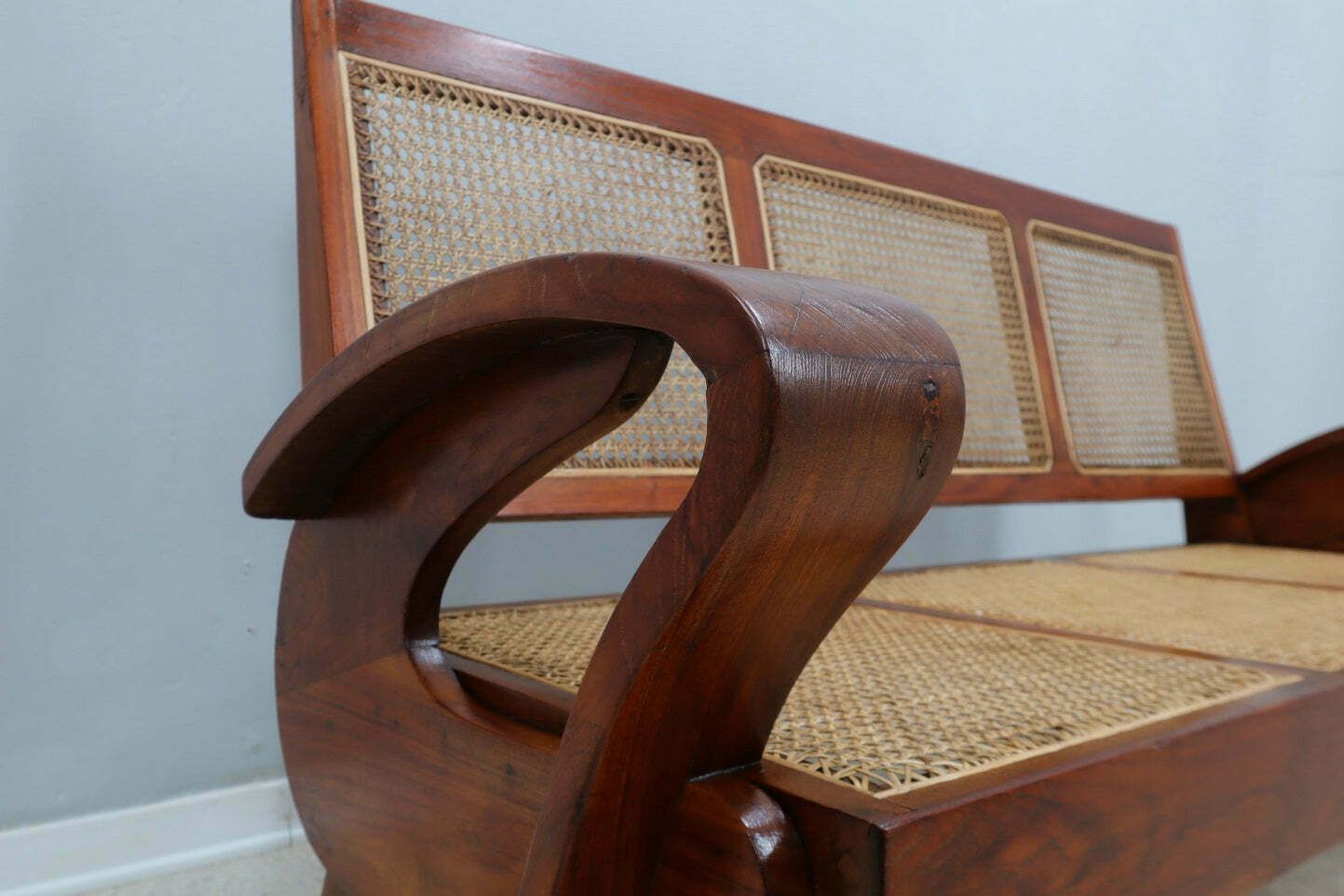 Mid Century Teak Wood And Vienna Straw Easy Sofa + Armchair 1950s photo buy
