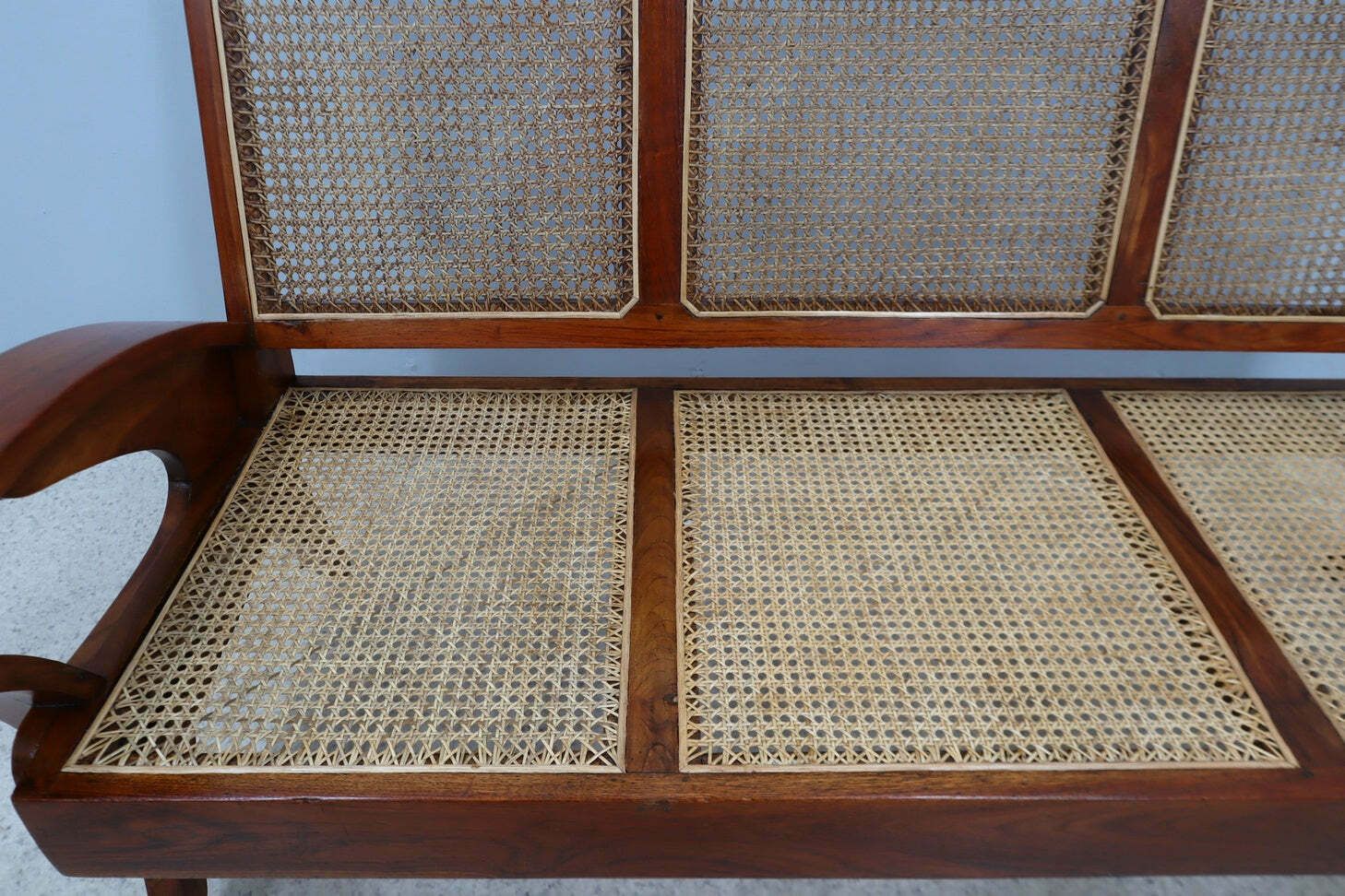 Mid Century Teak Wood And Vienna Straw Easy Sofa + Armchair 1950s photo vintage