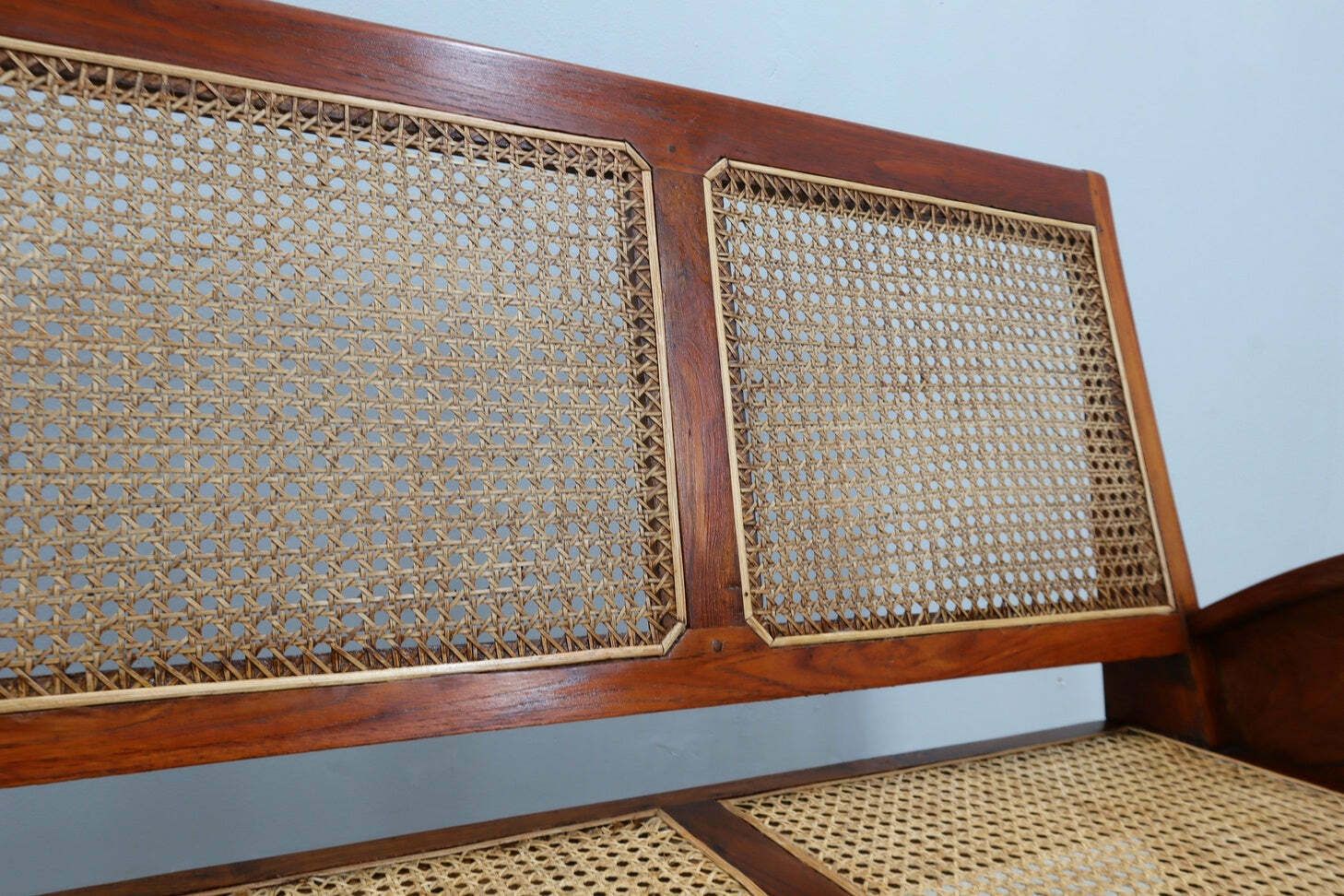 photo furniture Mid Century Teak Wood And Vienna Straw Easy Sofa + Armchair 1950s