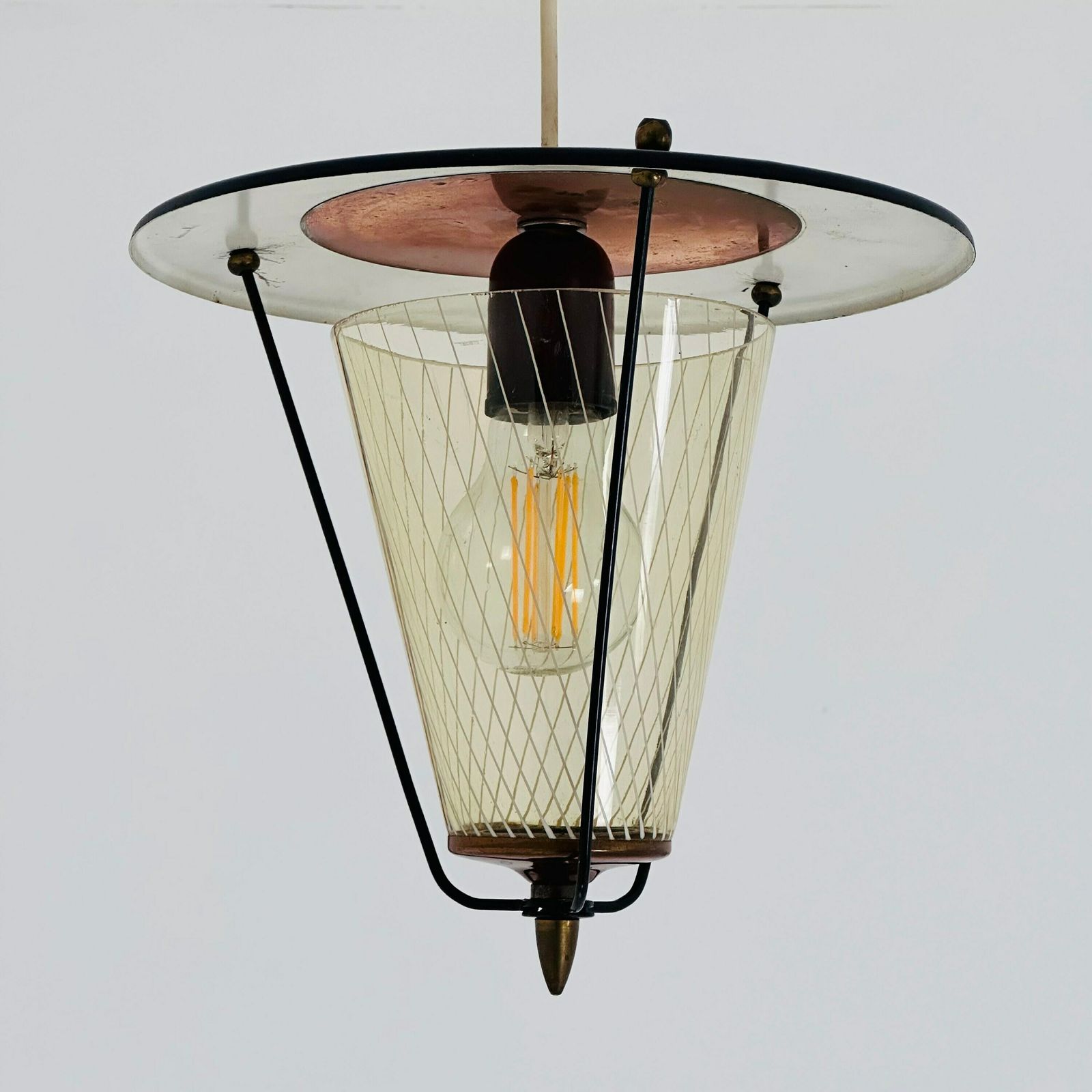Vintage Metal And Opalin Glass Pendant Lamp, 1950s