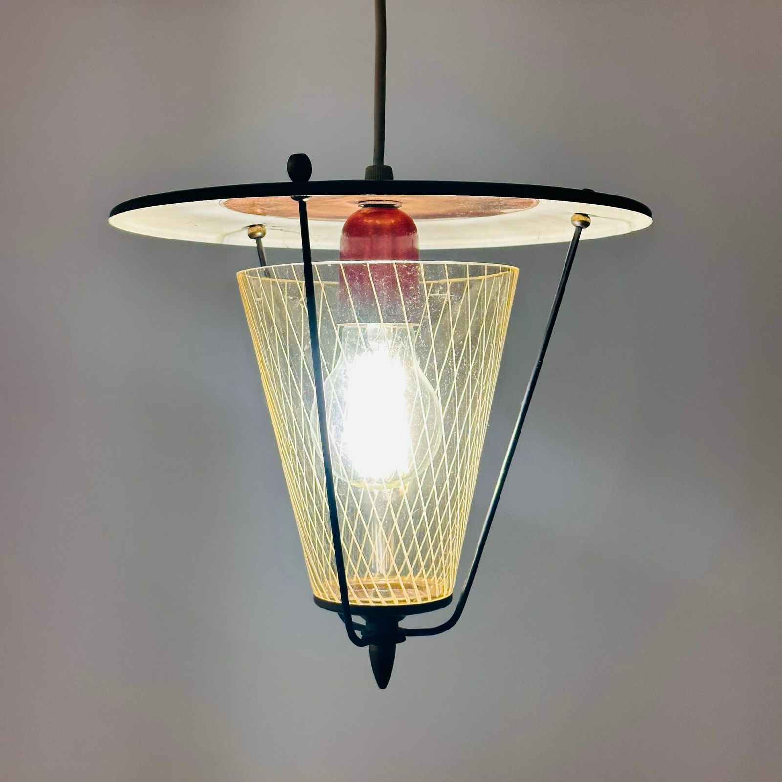 Vintage Metal And Opalin Glass Pendant Lamp, 1950s photo for sale