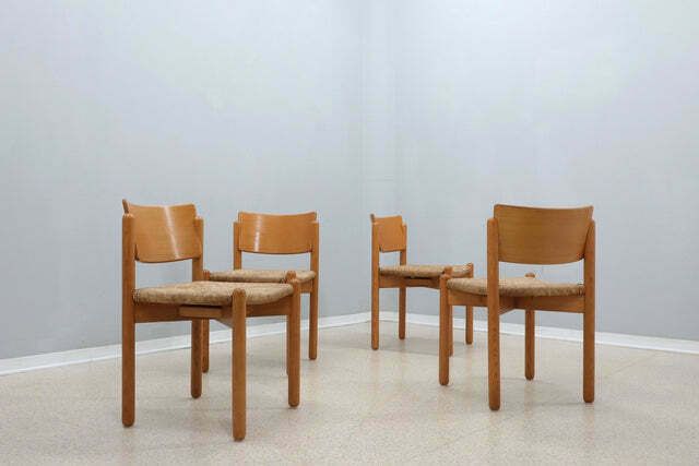 Vintage Wooden Dining Chairs With Straw Seat 1970s