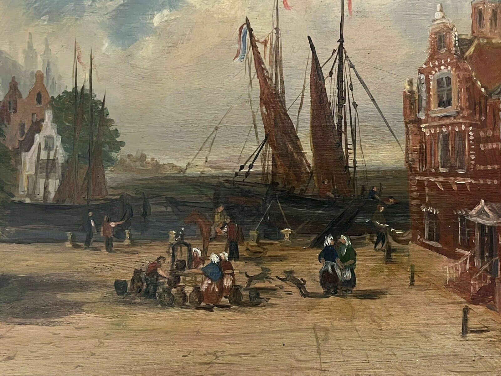 photo for sale Antique Dutch Canal Scene Oil Painting, Signed F Knot In Original Maple Frame