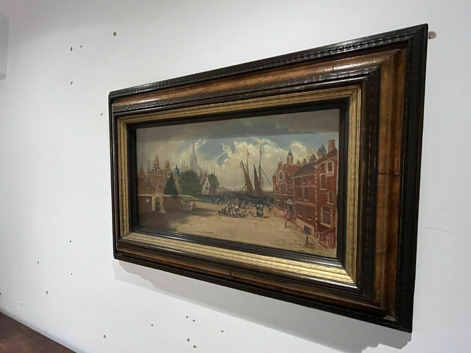 645.0 Antique Dutch Canal Scene Oil Painting, Signed F Knot In Original Maple Frame photo