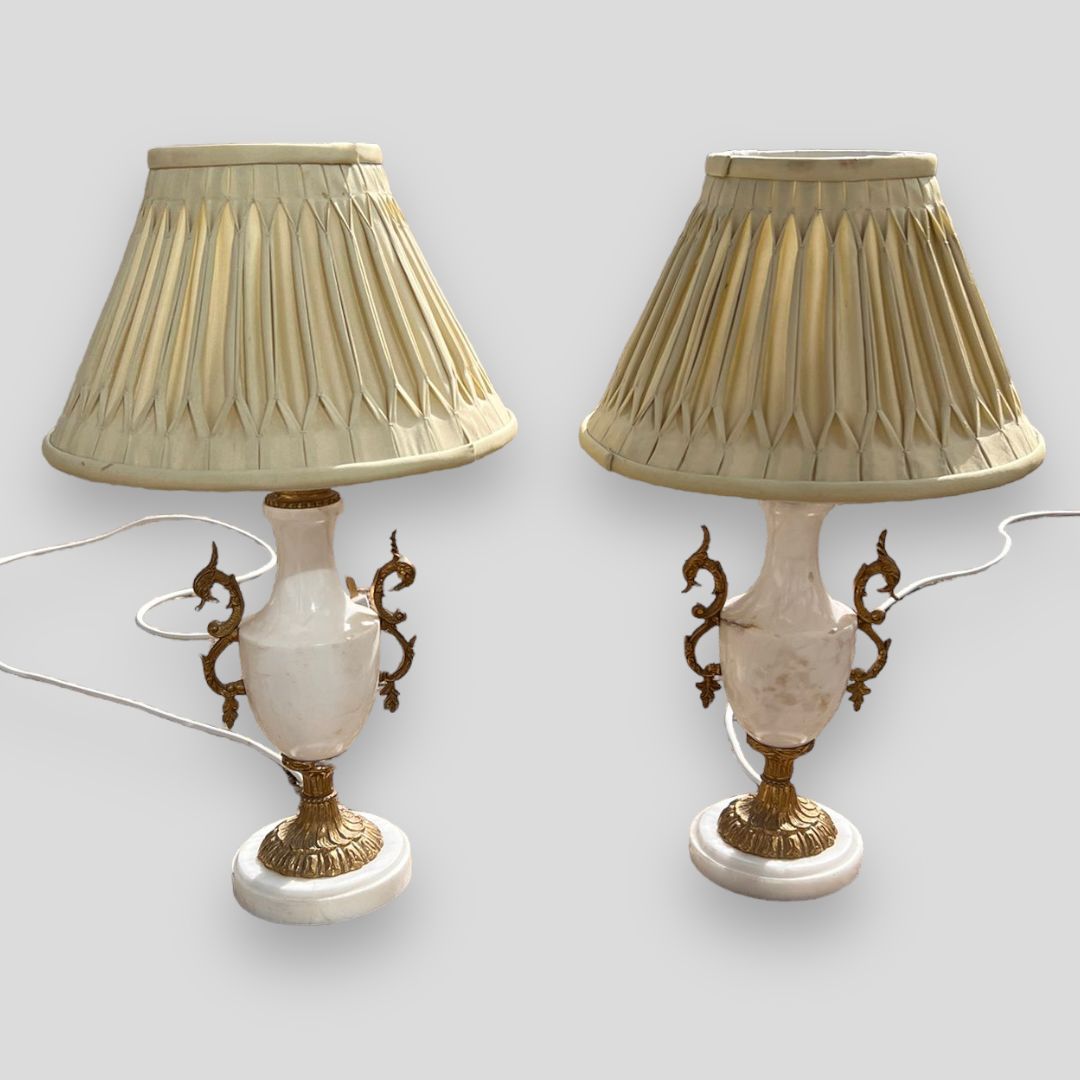 A Pair Of White Marble An Gilt Urn Shaped Lamps With Serpentine Handles