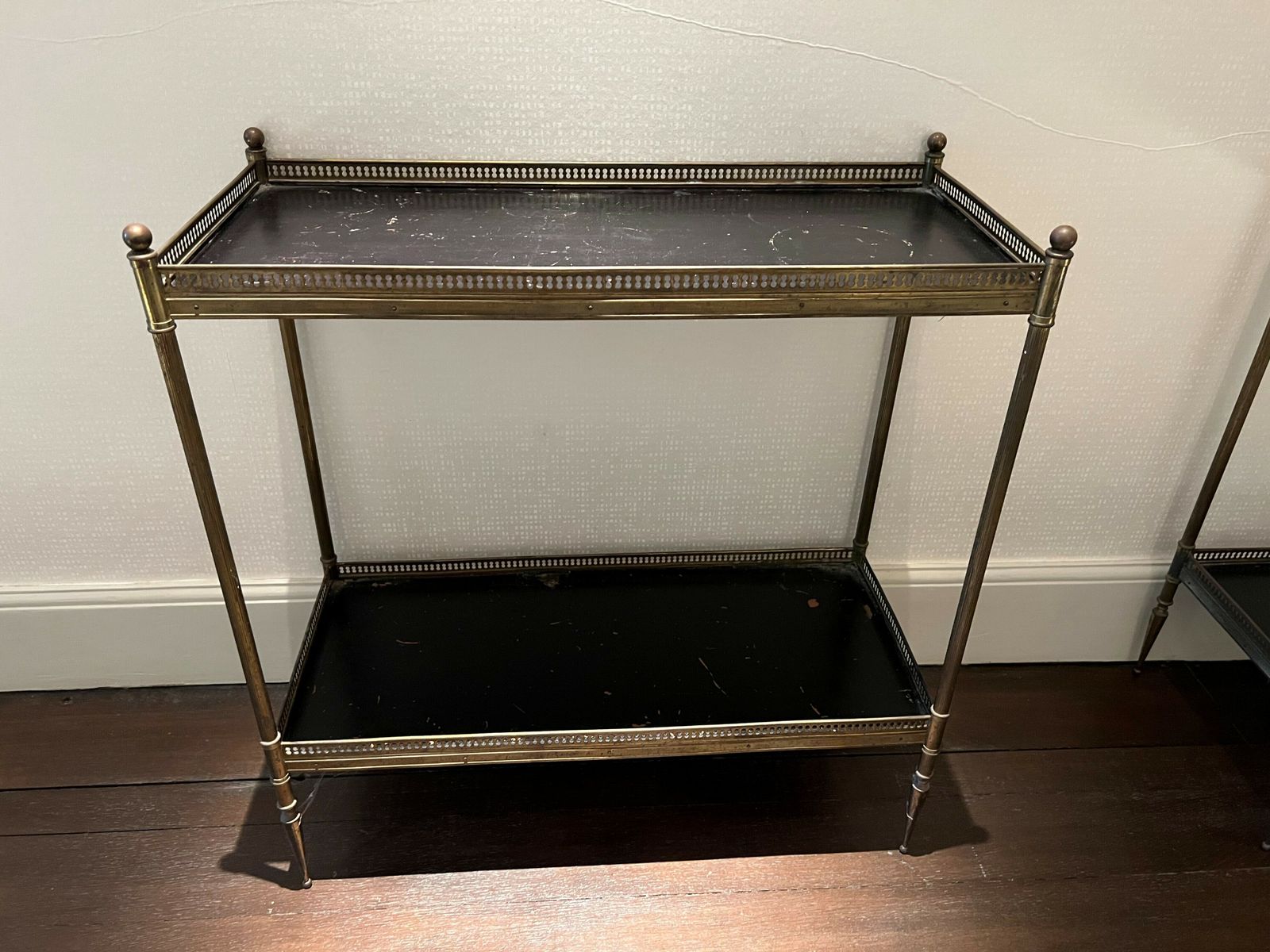 Pair Of French 1920s Brass And Leather Fretwork Sofa End Tables