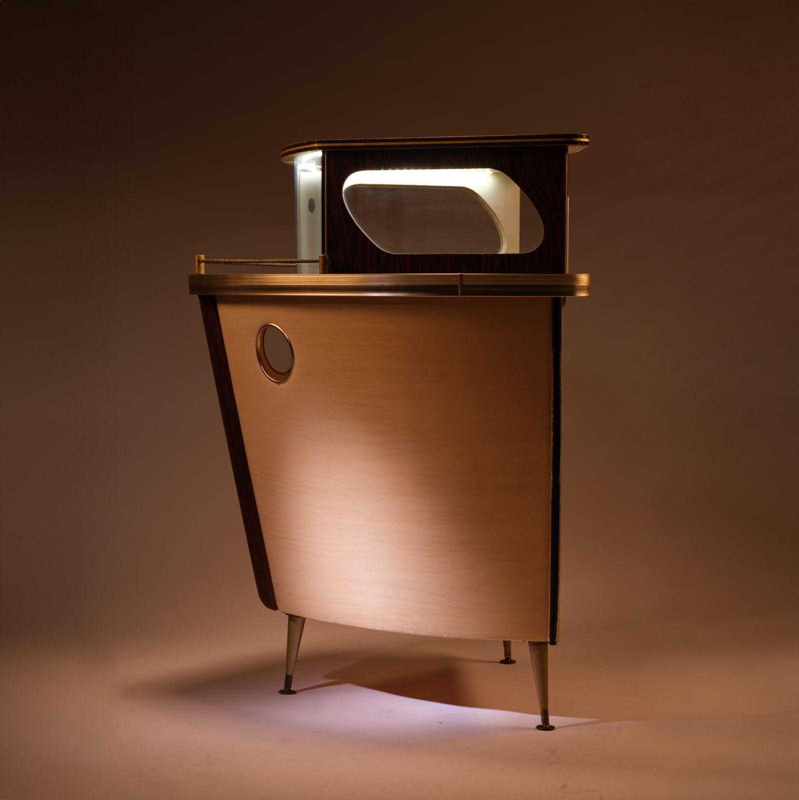 photo for sale Eclectic Illuminated Vintage 1950’s 'Cocktail Buoy’ Drinks Bar Echoing A Boat Bow By Barget Of London.