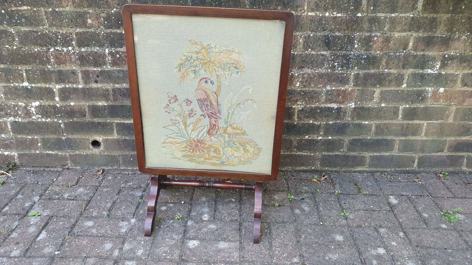 Large Impressive Tapestry Fire Screen Parrot Motif Mahogany Folds Up To Form Coffee Table