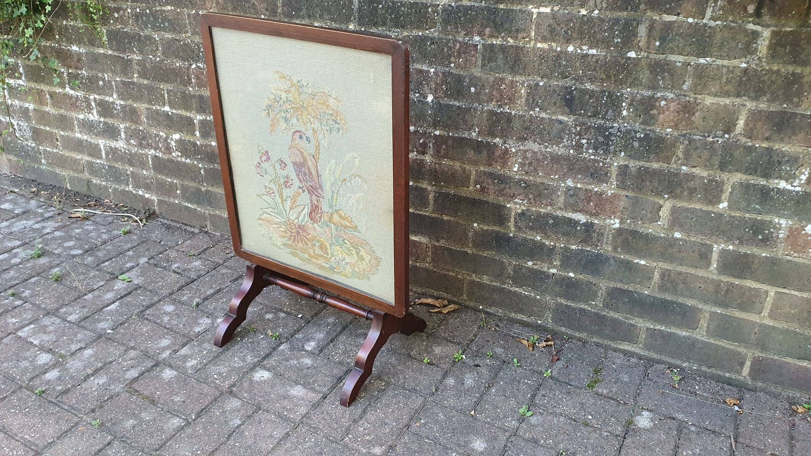 Large Impressive Tapestry Fire Screen Parrot Motif Mahogany Folds Up To Form Coffee Table photo furniture