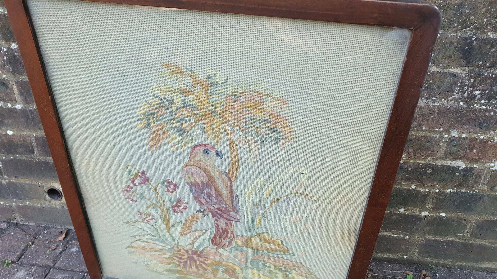 Large Impressive Tapestry Fire Screen Parrot Motif Mahogany Folds Up To Form Coffee Table photo for sale