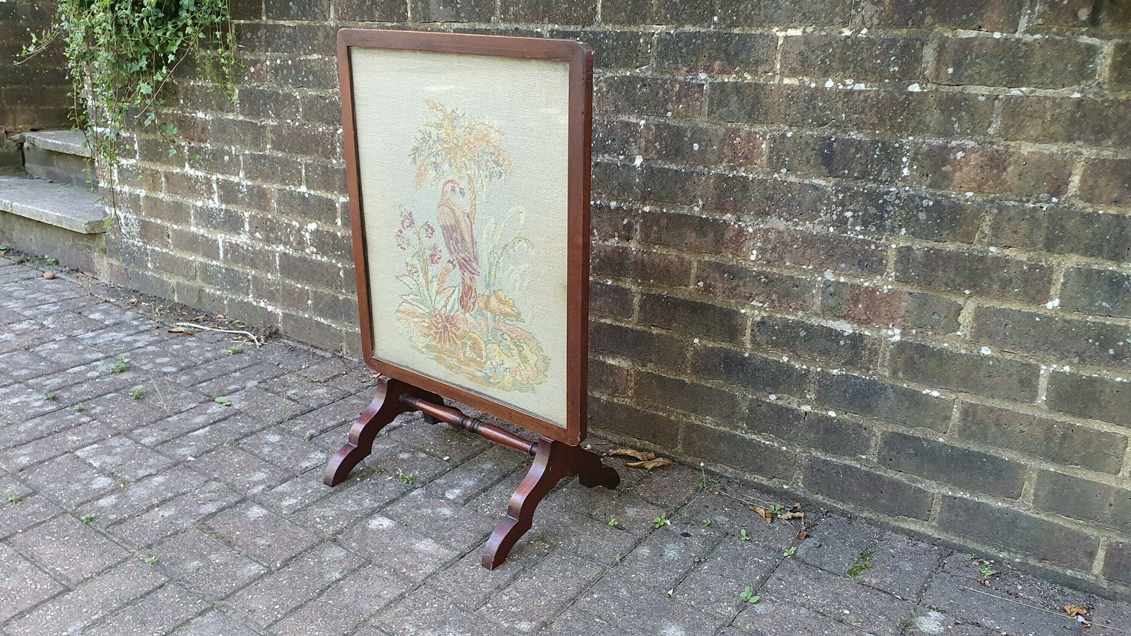 Large Impressive Tapestry Fire Screen Parrot Motif Mahogany Folds Up To Form Coffee Table photo buy