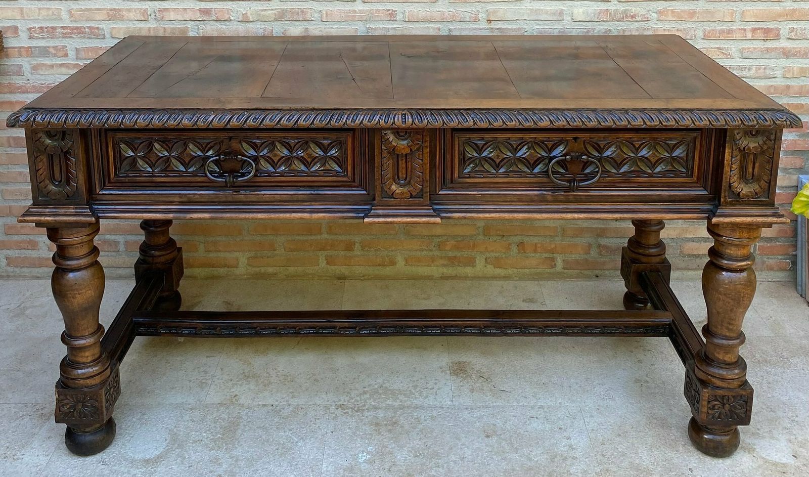 19th Century Spanish Walnut Desk With Two Drawers & Strong Legs, 1890s