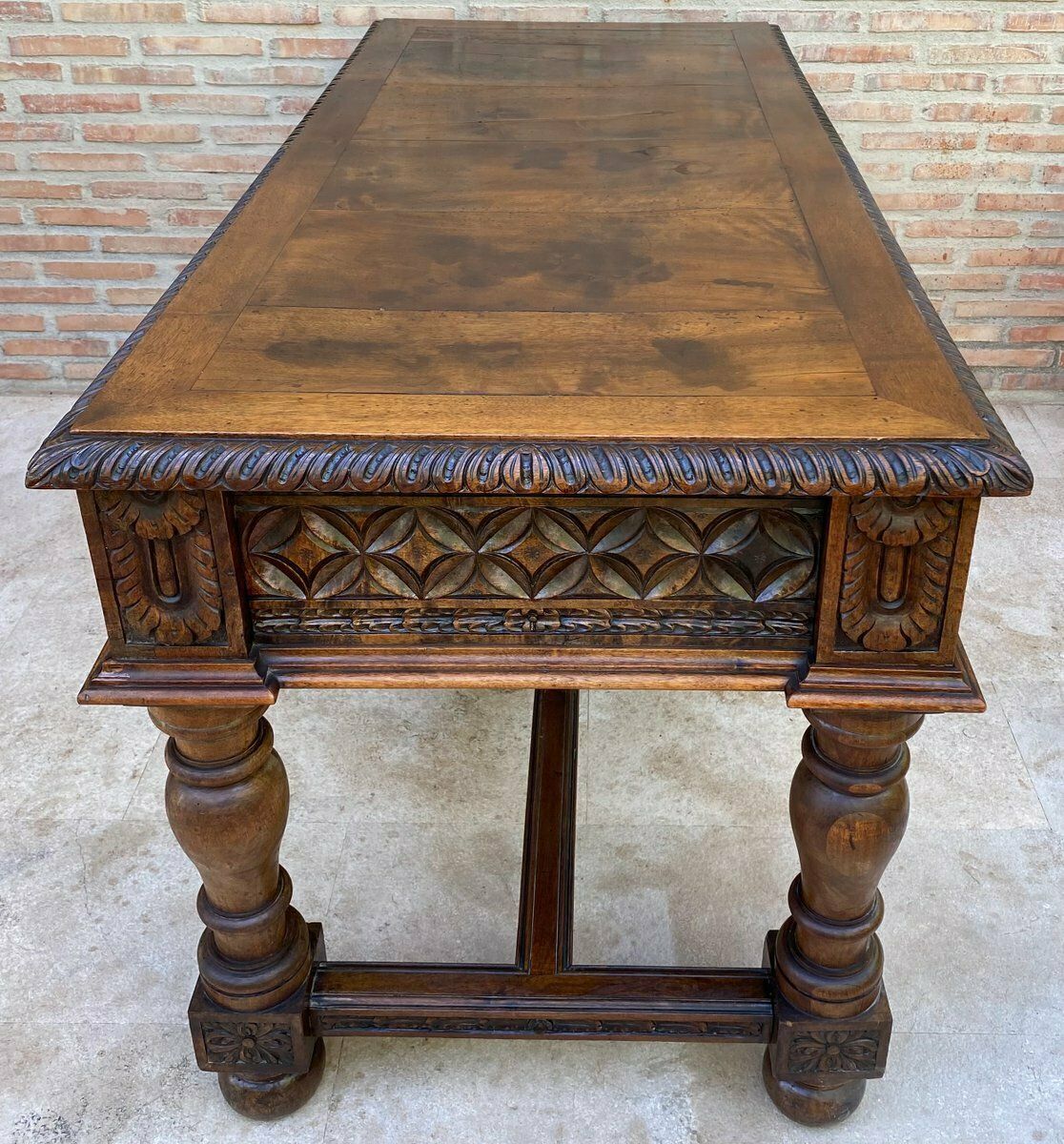 photo buy 19th Century Spanish Walnut Desk With Two Drawers & Strong Legs, 1890s