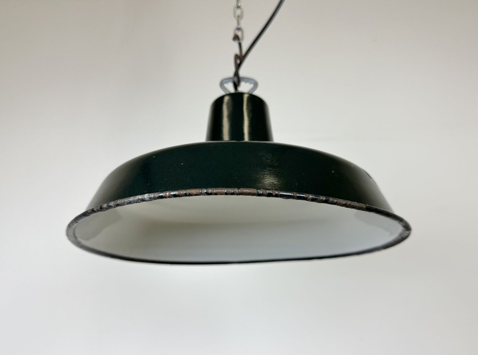 Industrial French Dark Green Enamel Factory Lamp, 1960s photo furniture