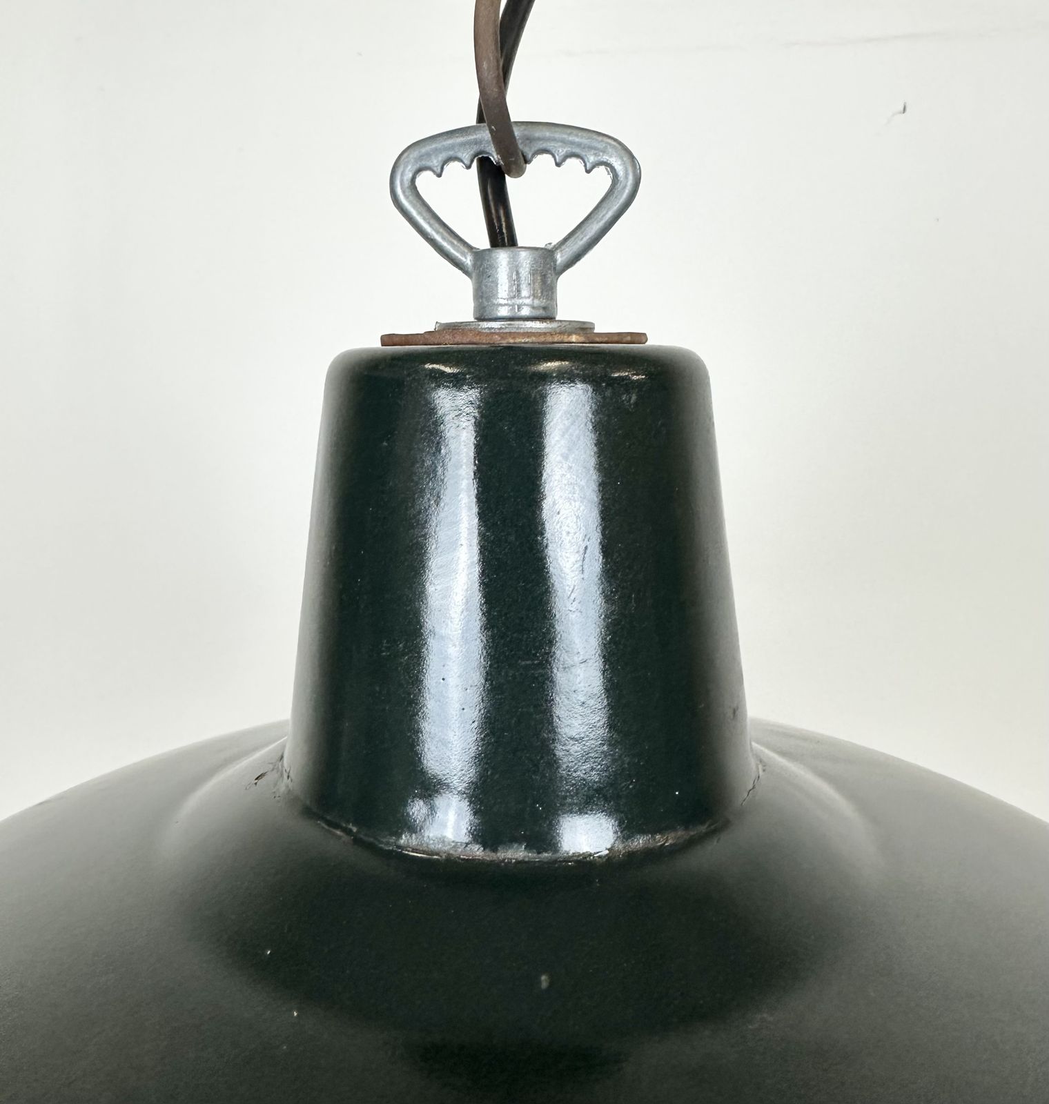179.0 Industrial French Dark Green Enamel Factory Lamp, 1960s photo