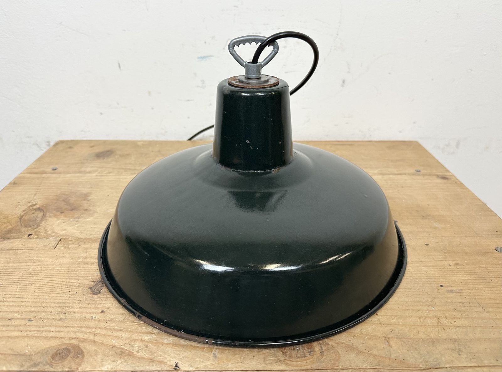 photo vintage Industrial French Dark Green Enamel Factory Lamp, 1960s