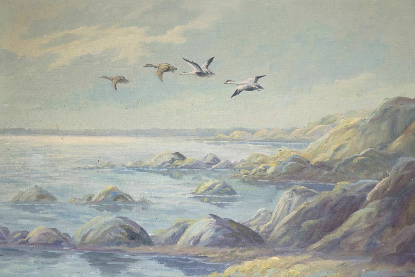 Painting Canvas With Motif Of Sea And Coastal Rocks From 1920s. photo for sale