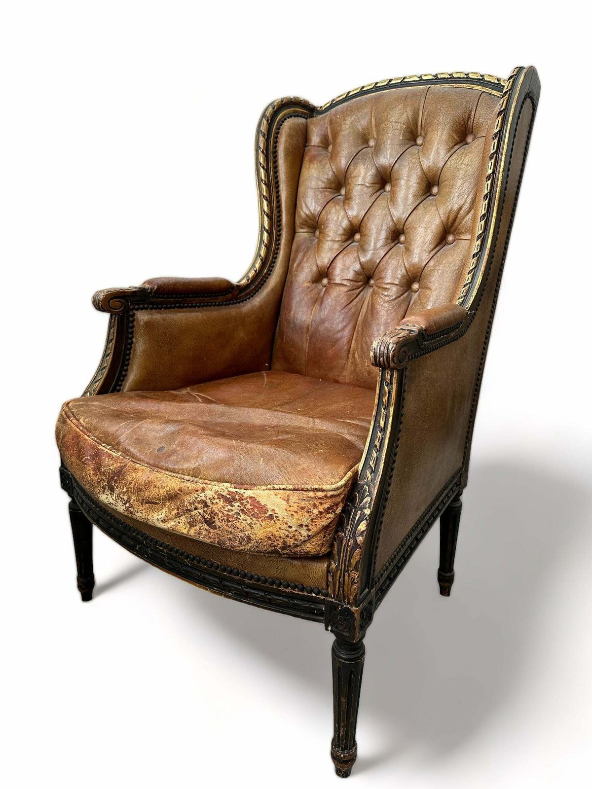 A Beautiful Antique French Leather Giltwood Studded Fauteuil Louis XV Armchair Circa 1850 photo furniture