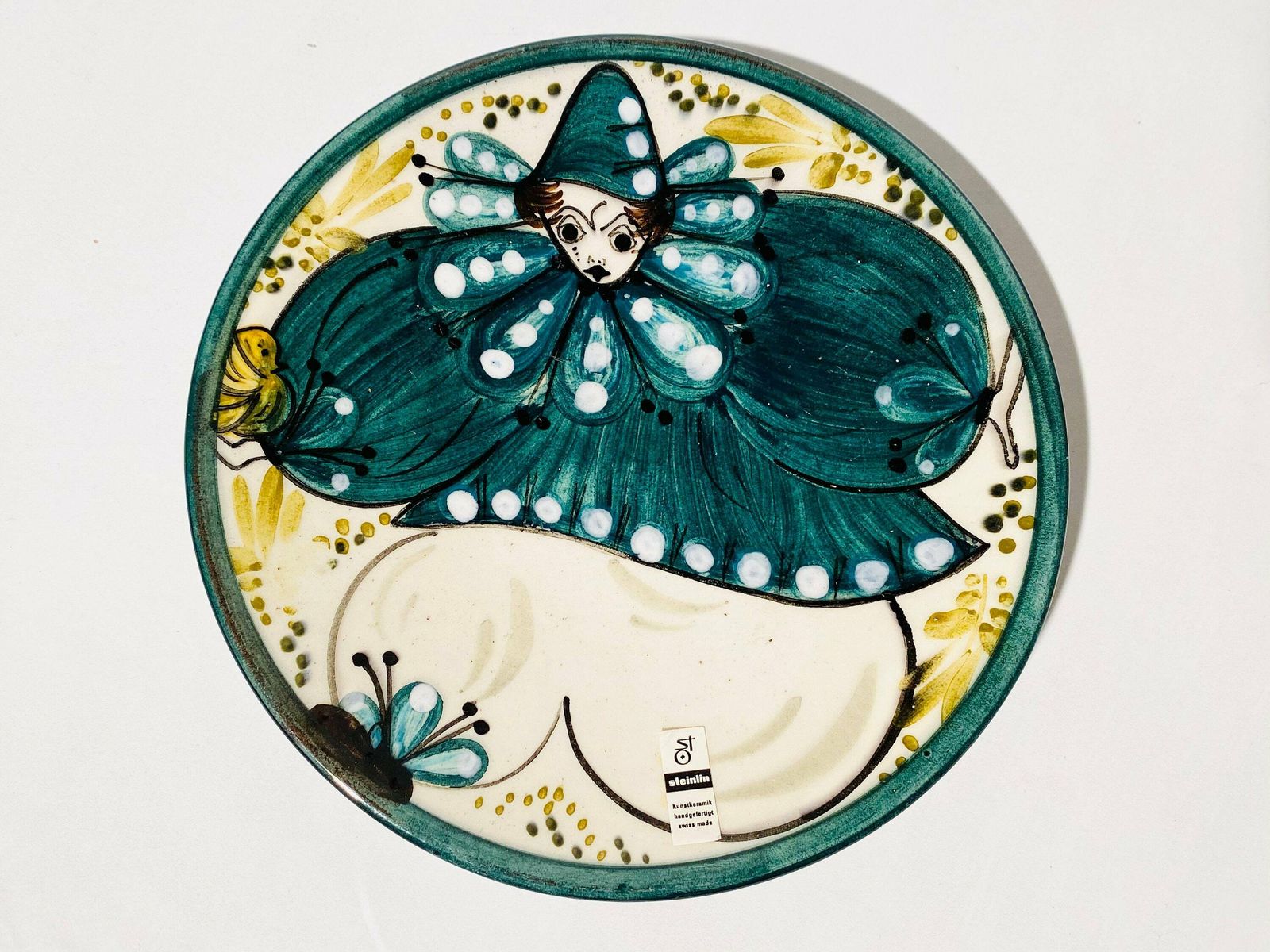 Willy Steinlin Switzerland Small Green Round Clown Ceramic Wall Plate