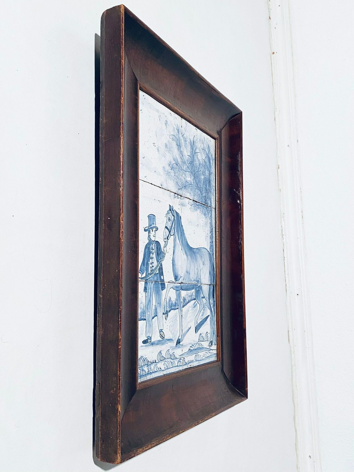 Antique Delft Blue Ceramic Tile Horse Farmer Motif Picture / Dutch Tiles / 1890s photo 305.0
