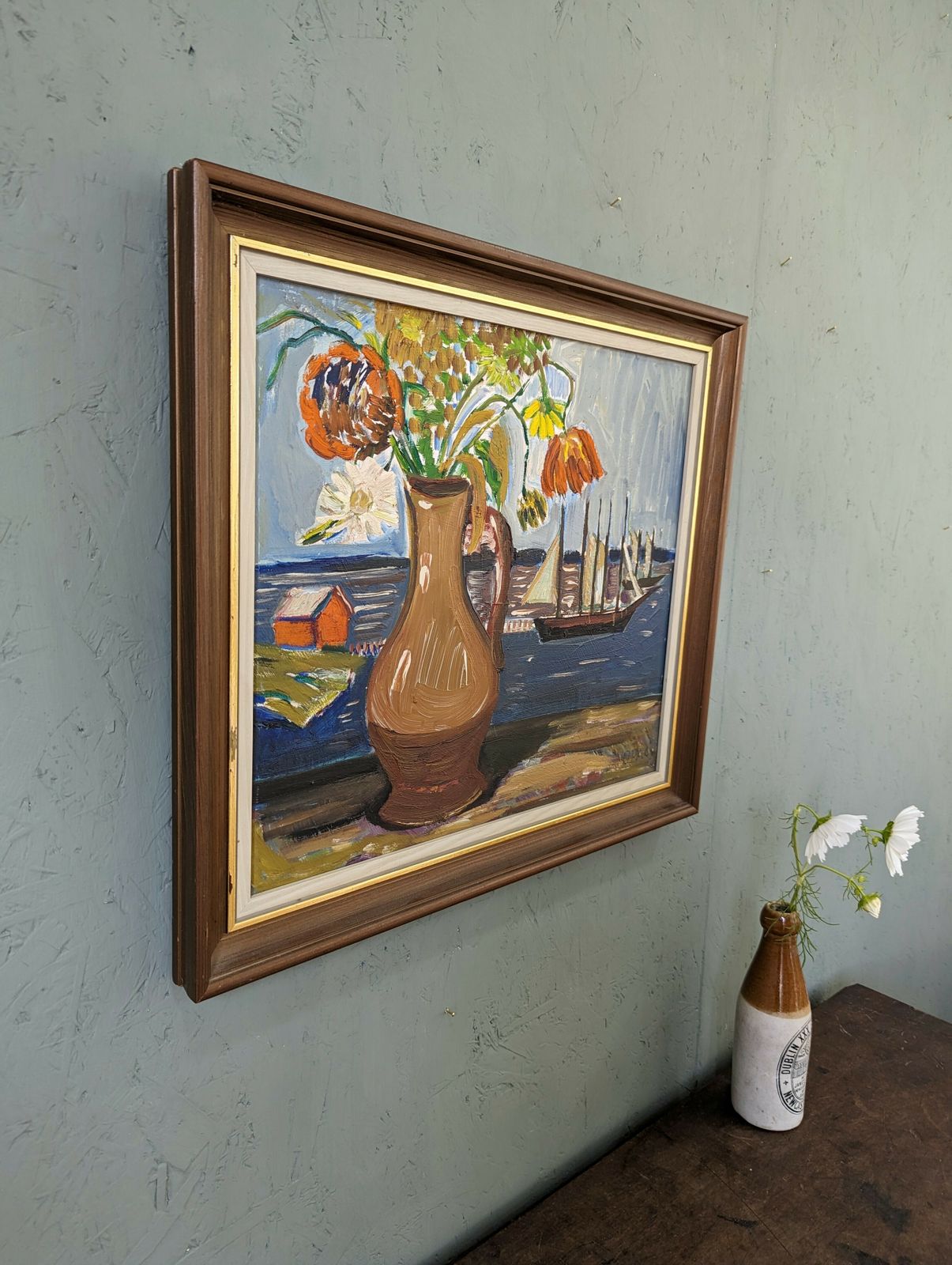 Mid Century Modernist Swedish Still Life Oil Painting, Sail Boats & Flowers, Framed photo for sale
