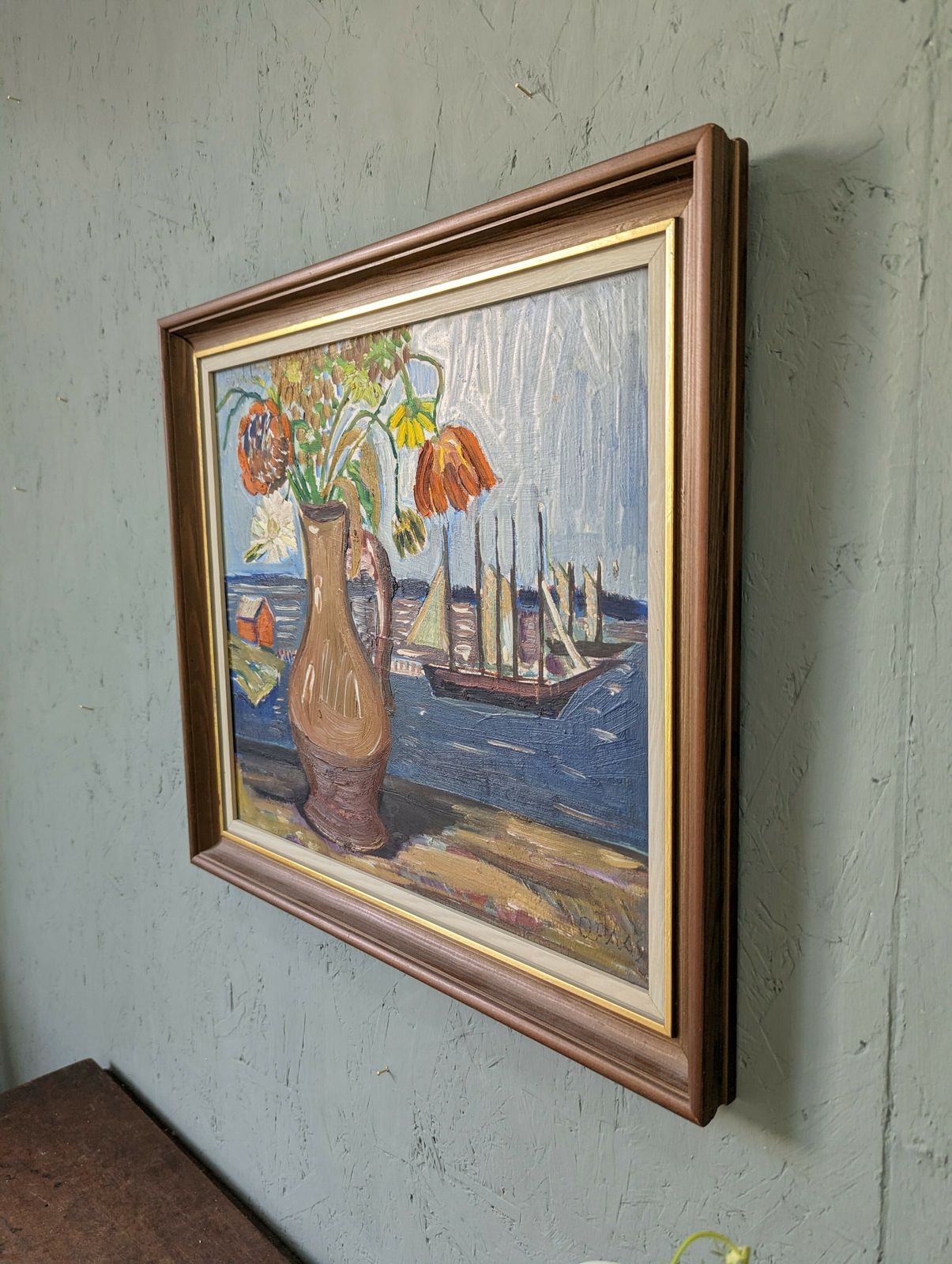 Mid Century Modernist Swedish Still Life Oil Painting, Sail Boats & Flowers, Framed photo Art