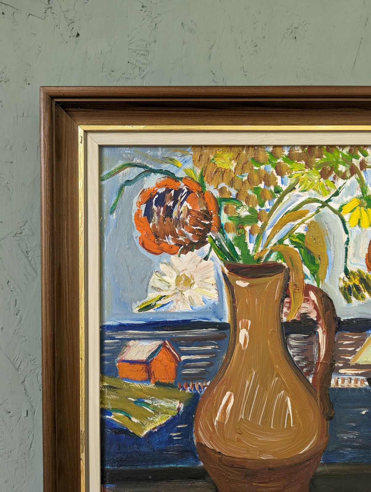 Mid Century Modernist Swedish Still Life Oil Painting, Sail Boats & Flowers, Framed photo vinterior