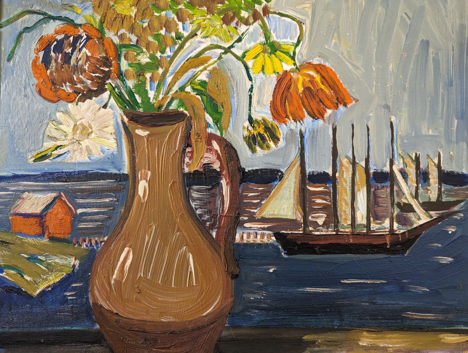 photo furniture Mid Century Modernist Swedish Still Life Oil Painting, Sail Boats & Flowers, Framed