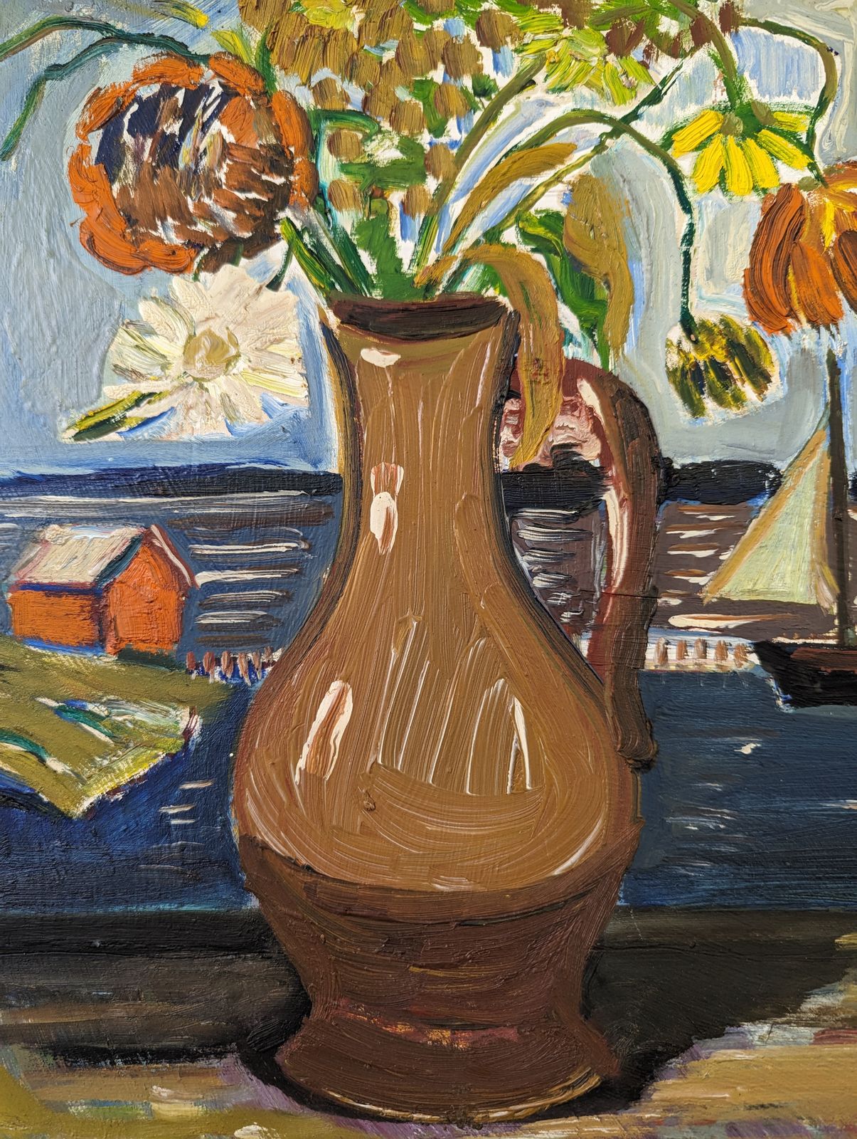photo for sale Mid Century Modernist Swedish Still Life Oil Painting, Sail Boats & Flowers, Framed