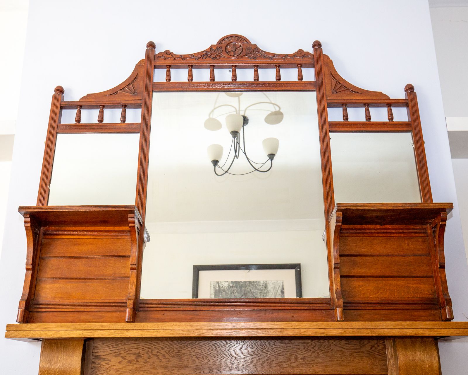 Walnut Overmantle Mirror 1900s Edwardian American Walnut Aesthetic Large Triple Overmantel Mantle Shelves Ornate Decorative Country House photo for sale