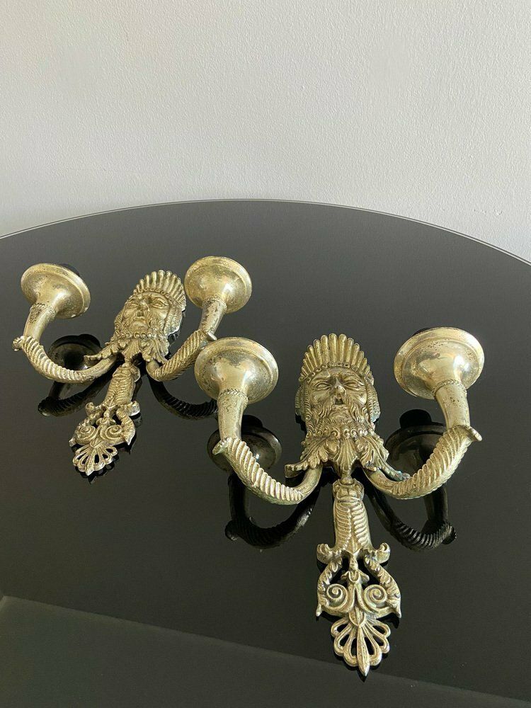 photo vintage Silver Plated Alloy Greek Tragedy Wall Lamps, Set Of 2