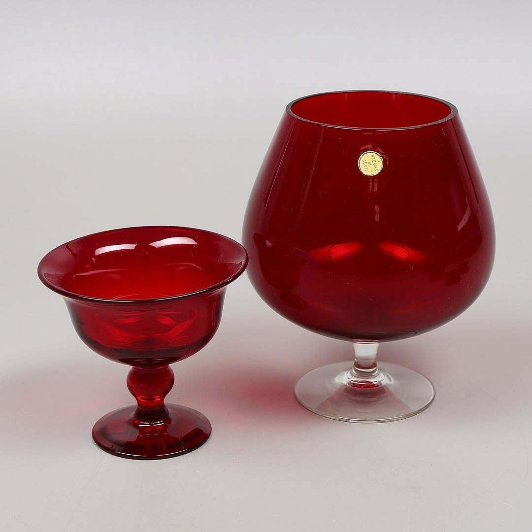 Gift Set 5 Glass Objects, Monica Bratt, Ruby Red Candle Holder / Jug Reimyre photo for sale