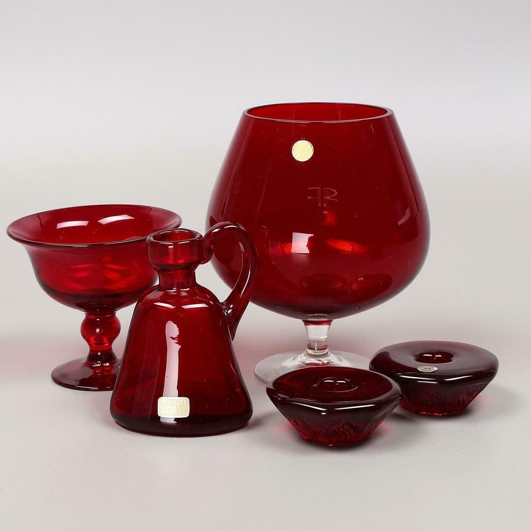 Gift Set 5 Glass Objects, Monica Bratt, Ruby Red Candle Holder / Jug Reimyre photo vintage