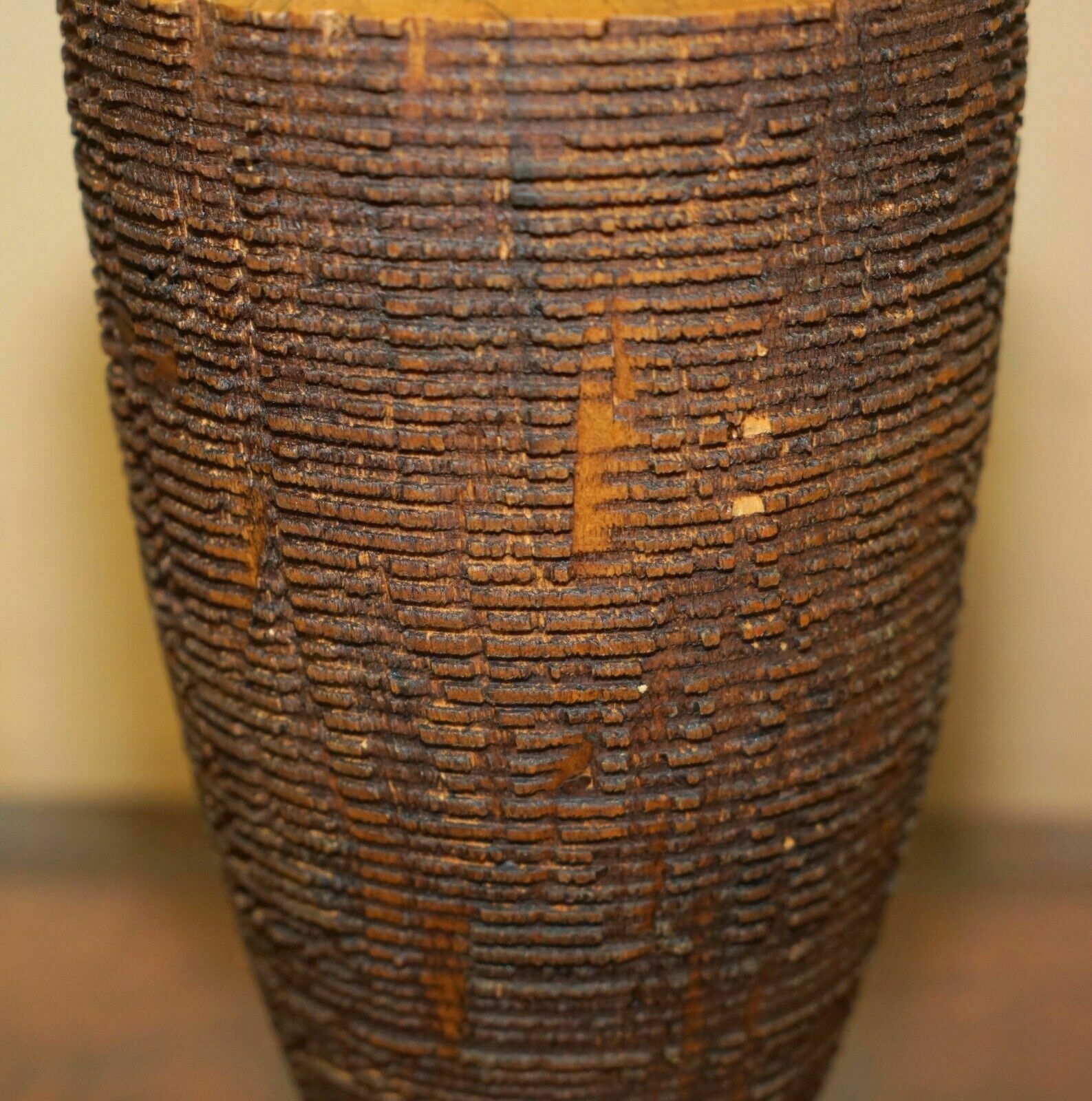 Large Ornately Hand Carved Wooden Vase Makers Signature To The Base photo vintage
