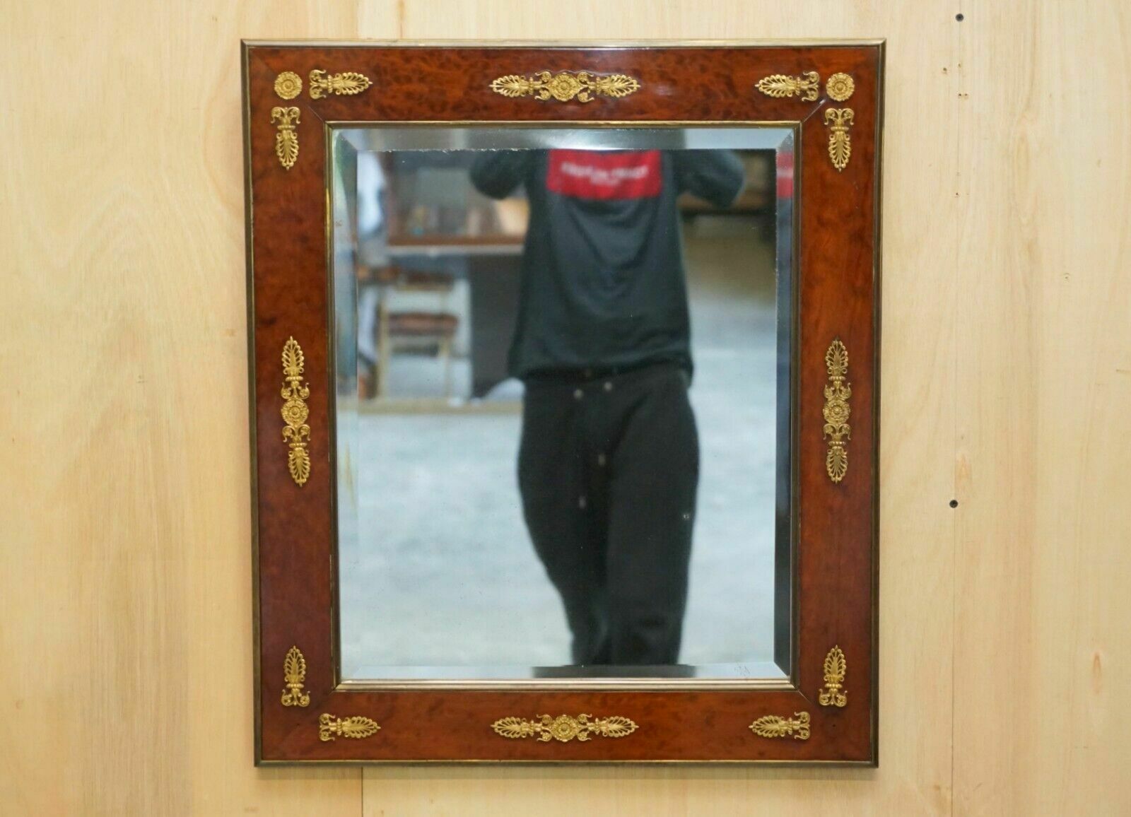 Sublime Antique 1860 Burr Walnut & Gilt Brass Louis XVI French Empire Mirror