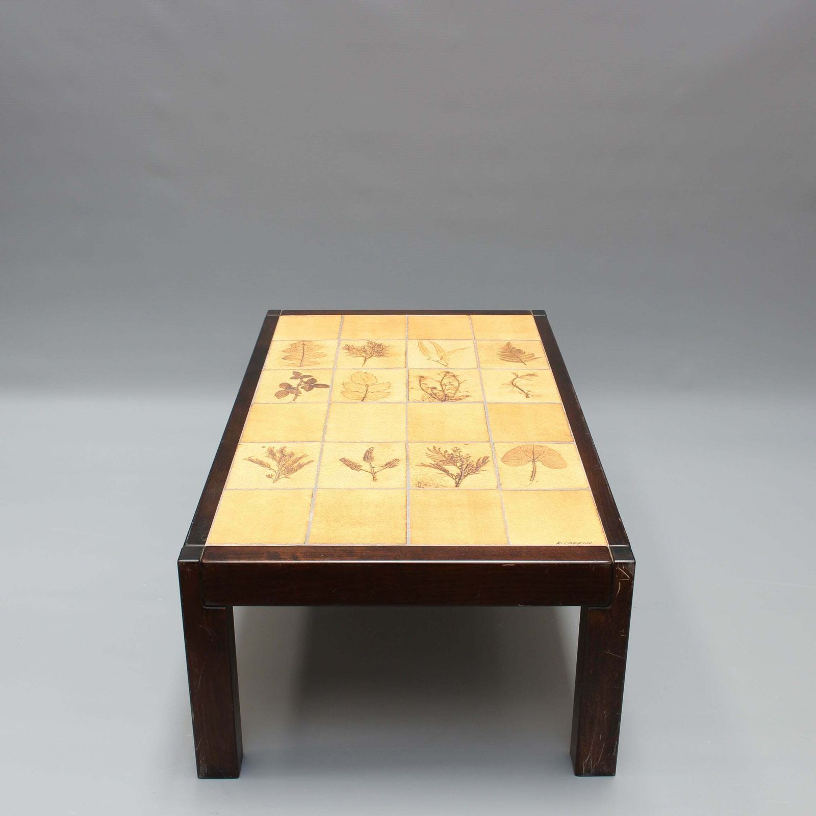 Vintage French Coffee Table With Leaf Motif Tiles By Roger Capron (Circa 1970s) photo for sale
