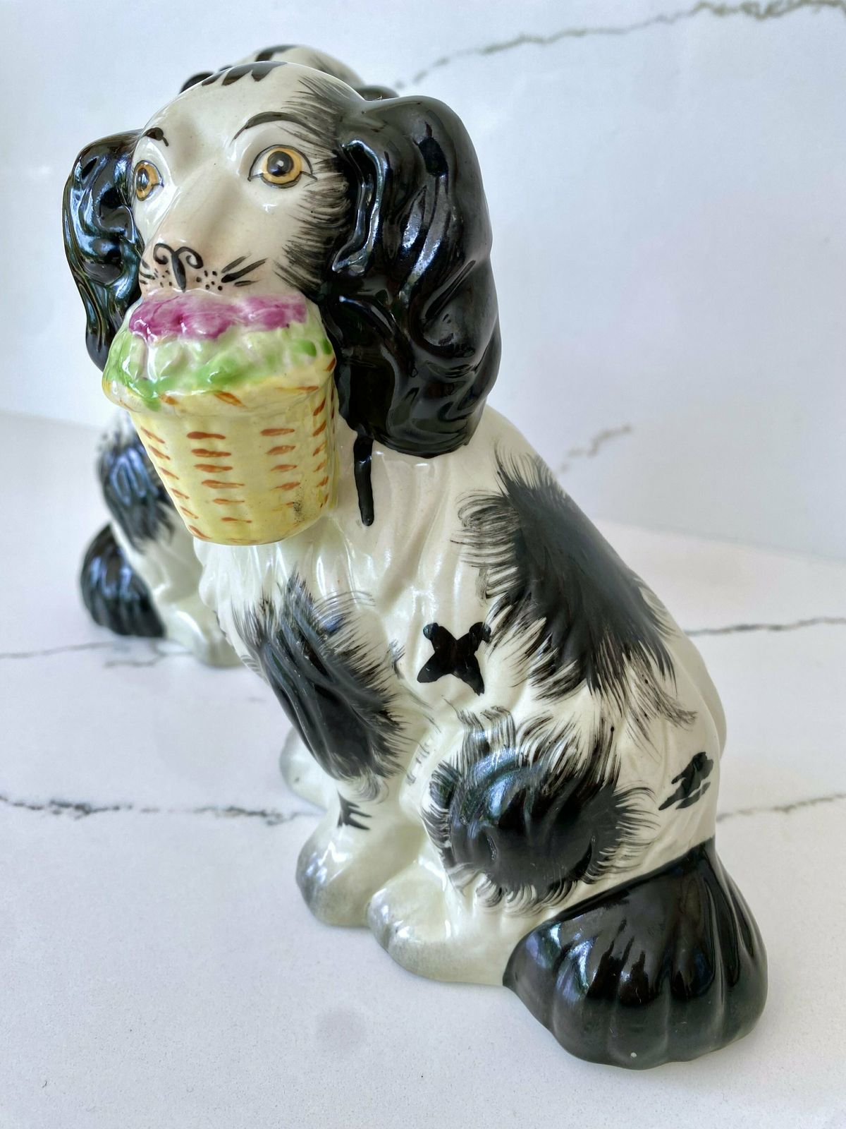 Pair Of Antique Pottery Mantle Dogs With Baskets Of Flowers photo Home Decor