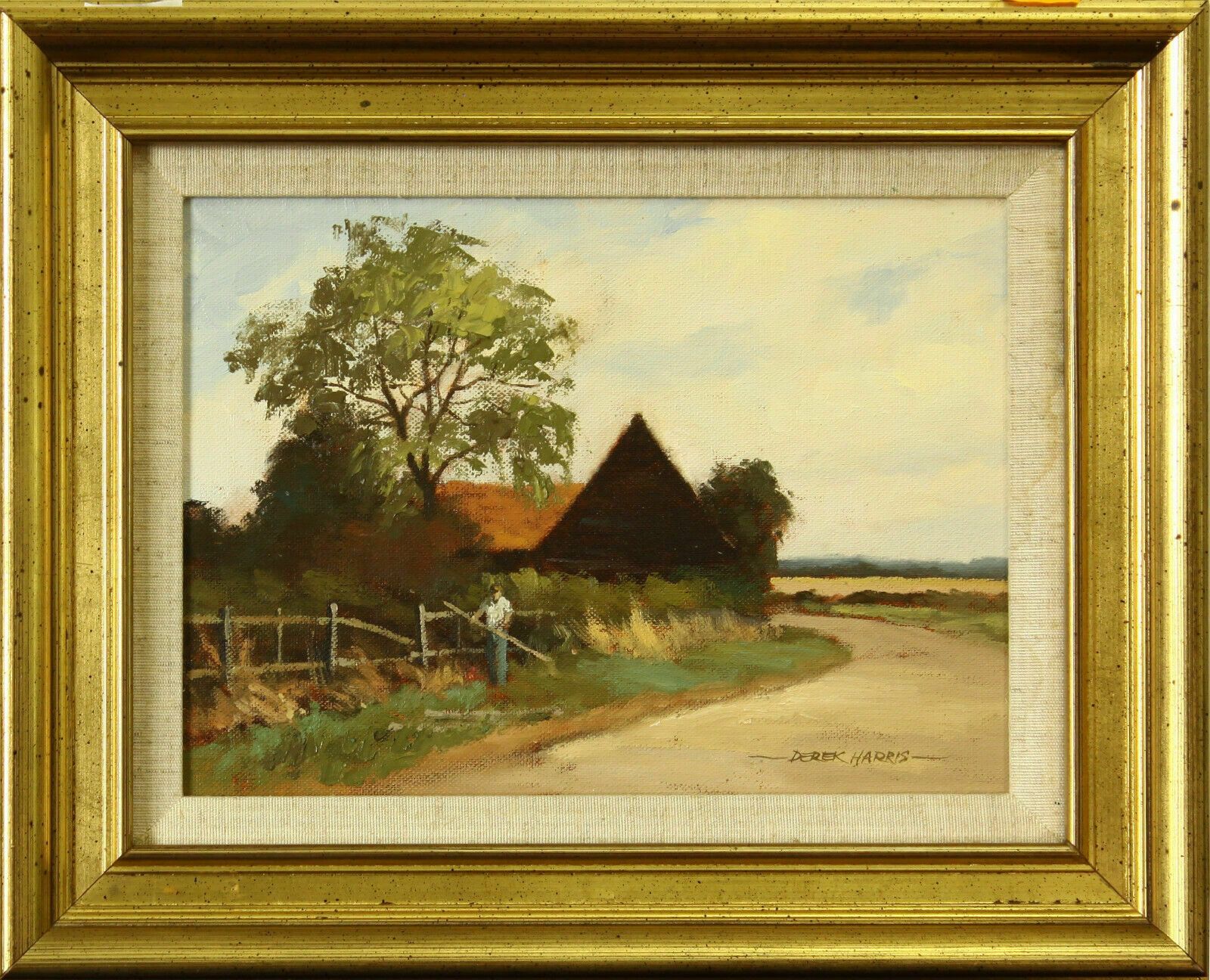 Oil On Board By Derek Harris. Titled "Fence Repairs, Essex Farm"