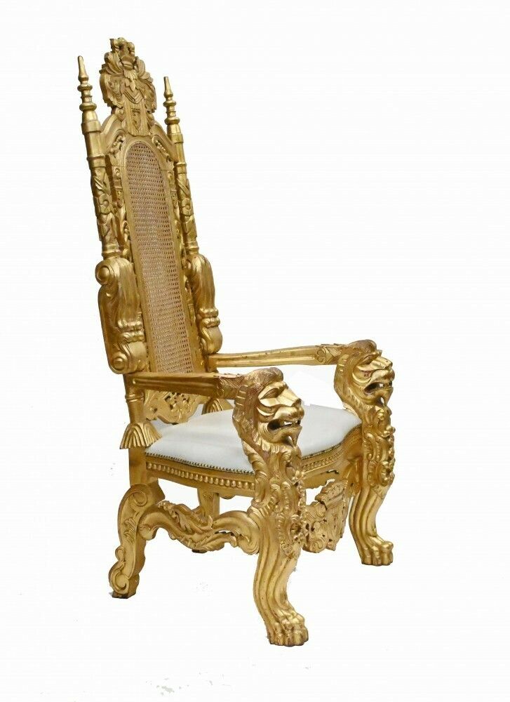 Pair Gilt Thrones Arm Chairs Hand Carved Lions Heads photo for sale