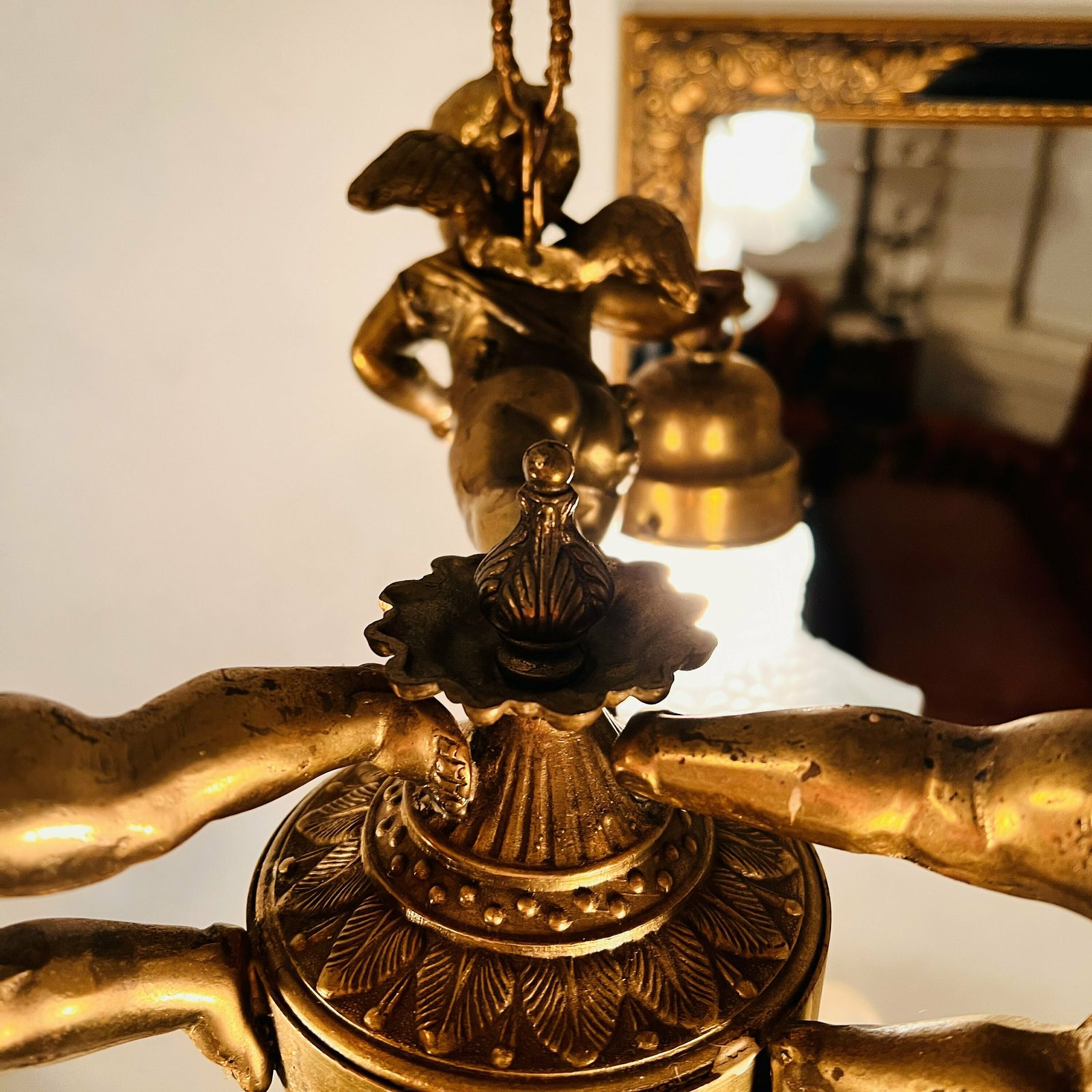 Stunning French 19th Century Bronze Chandelier With 3 Angels   Cherubs Holding Lights photo vinterior