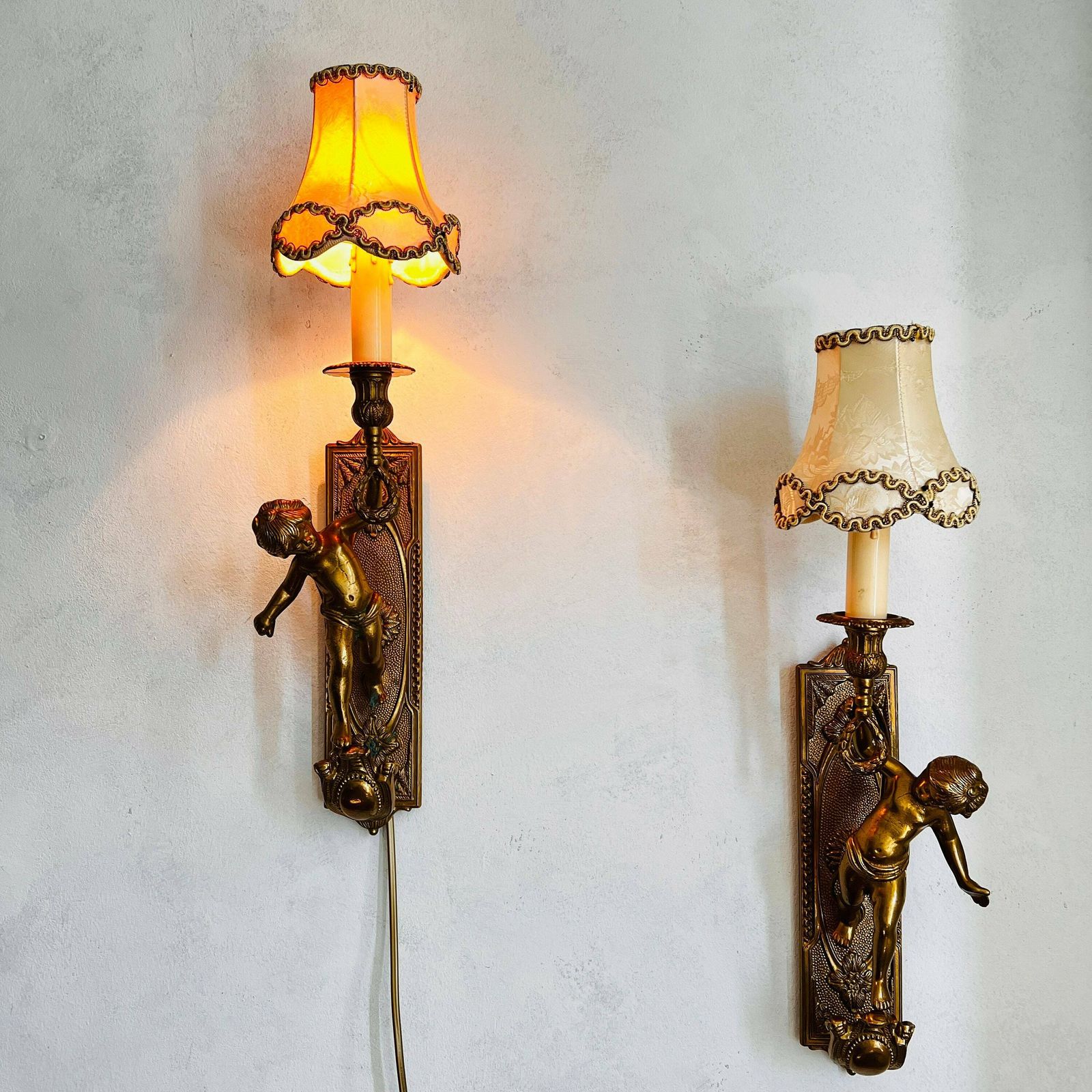 Old Pair Of Wall Cherubs/Putti Sconces, Bronze Brevettato, Cherub Wall Candleholders, Home Lighting photo Lighting