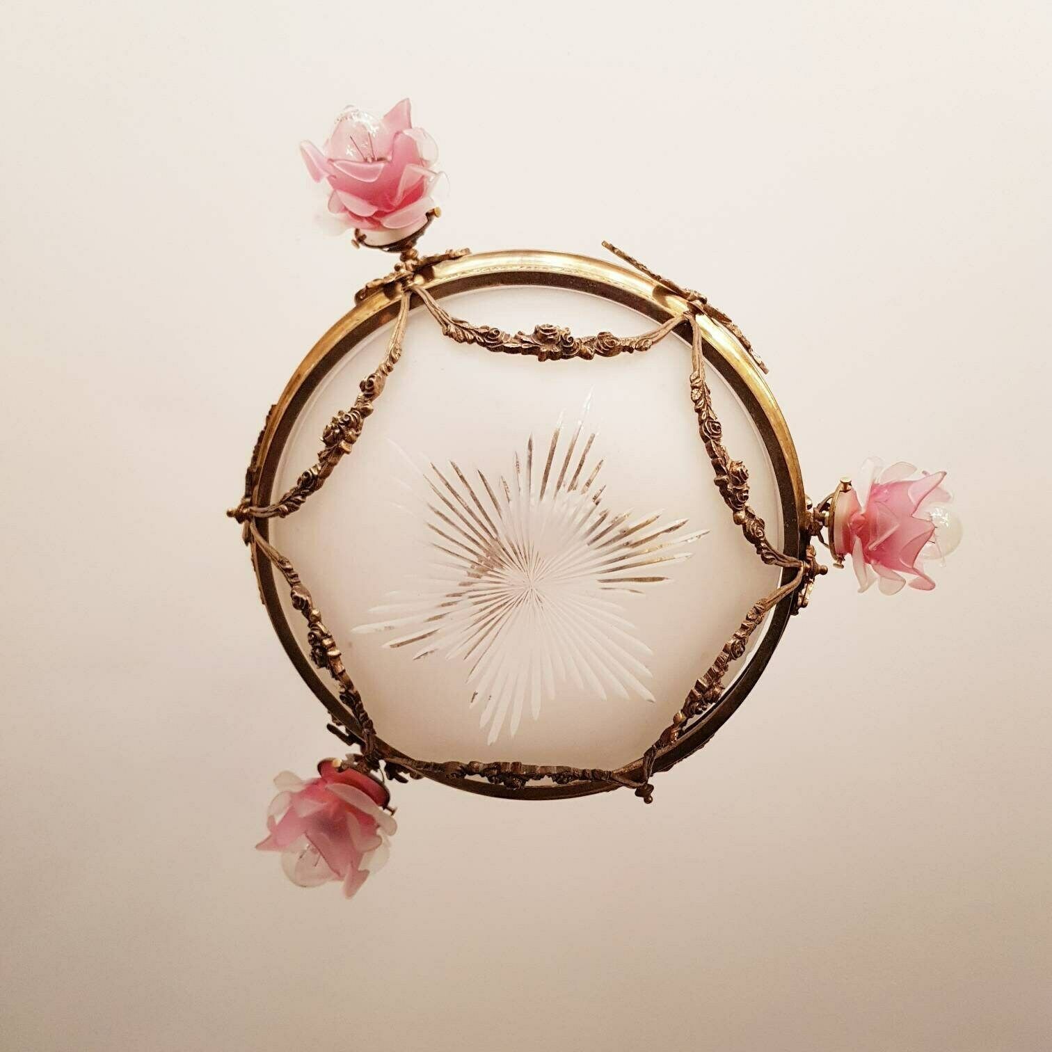Old French Chandelier, Pendant Lamp, Art Deco Style, Vianne Frosted Pink Lampshades photo for sale
