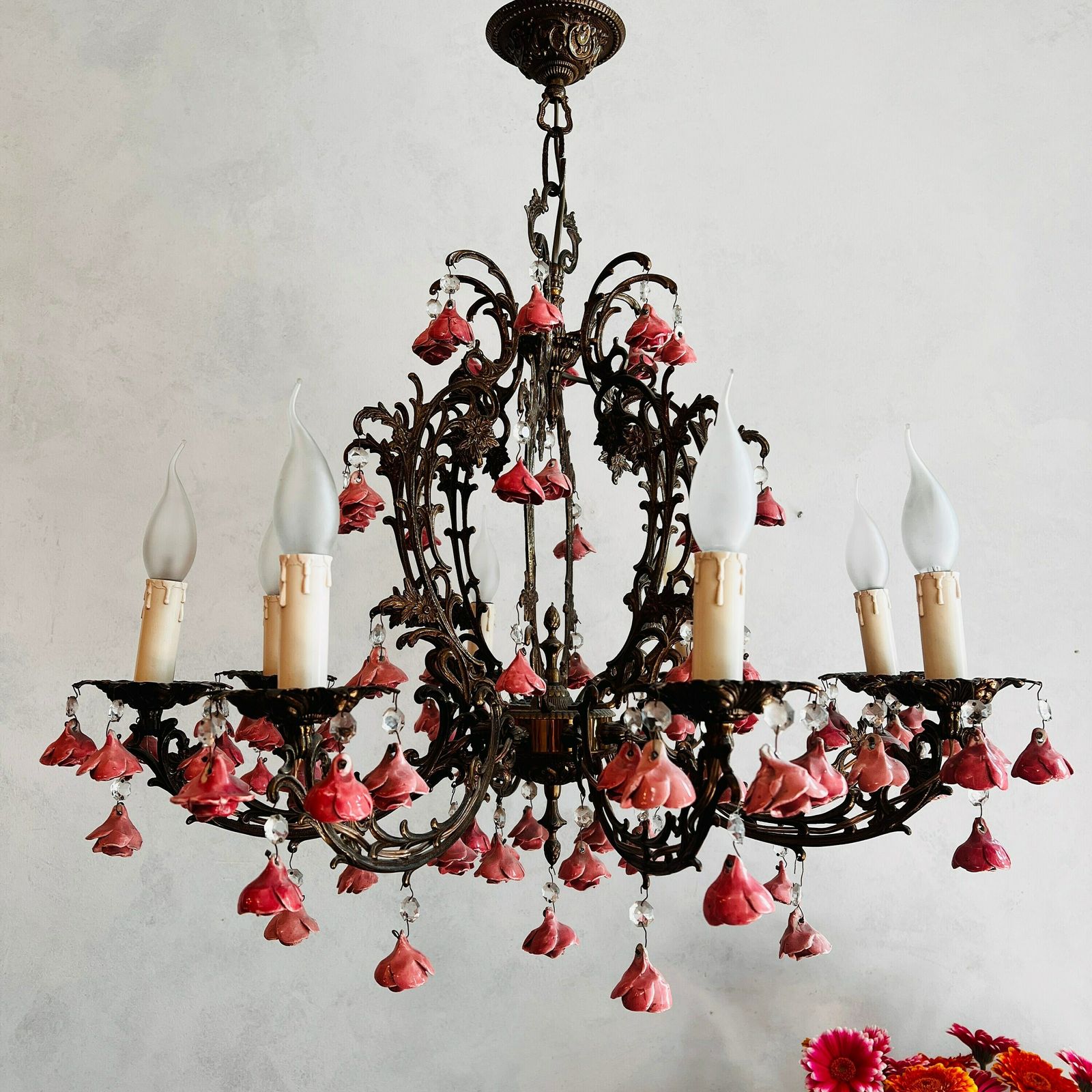 Vintage Floral Chandelier   Stunning Eight Arm Chandelier With Vintage Charm And Beautiful Pink Roses, Ideal For Home Lighting photo for sale