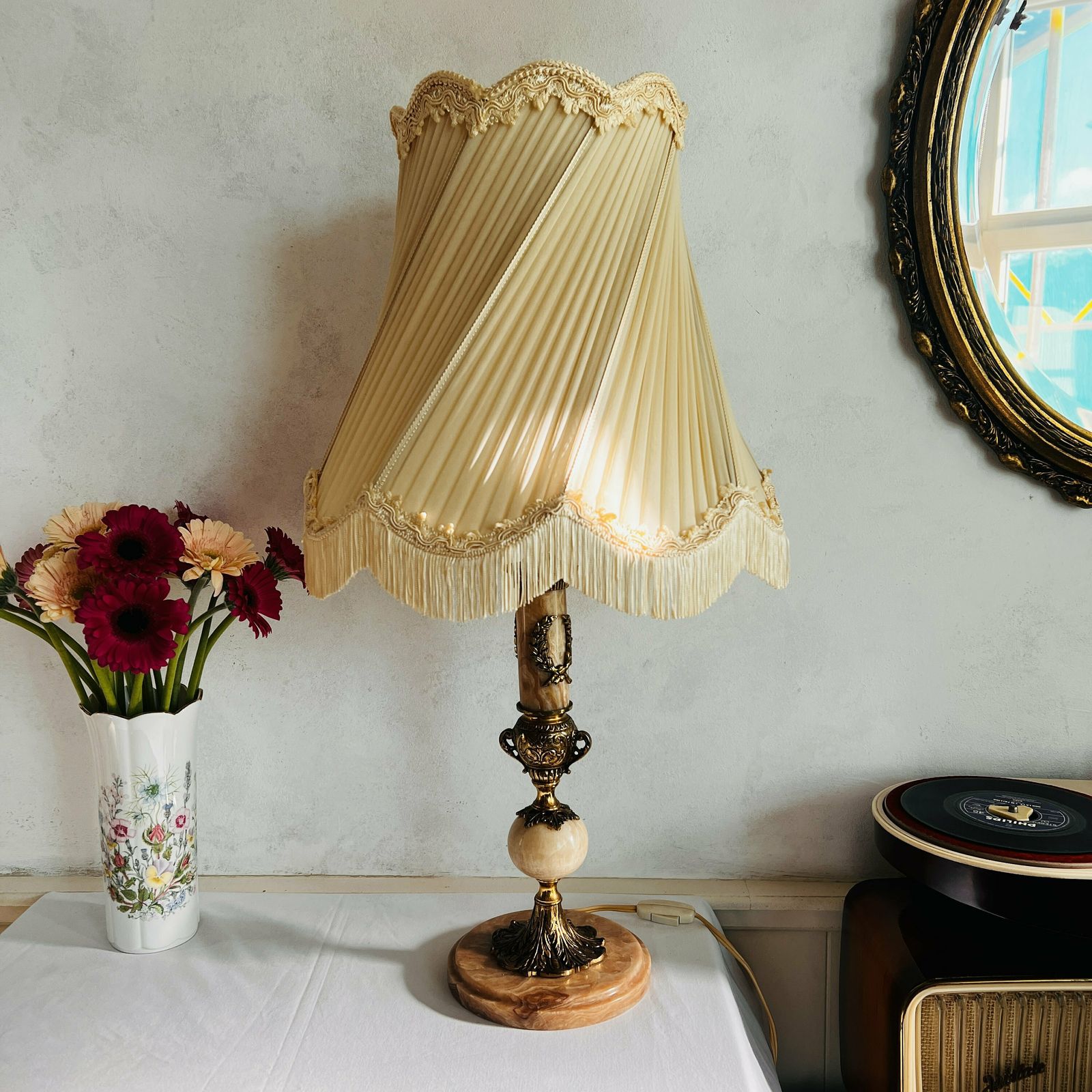 Italian Marble Lamp, Tall Table Lamp Lampshade Edges With Fringes, Rare Find photo Lighting